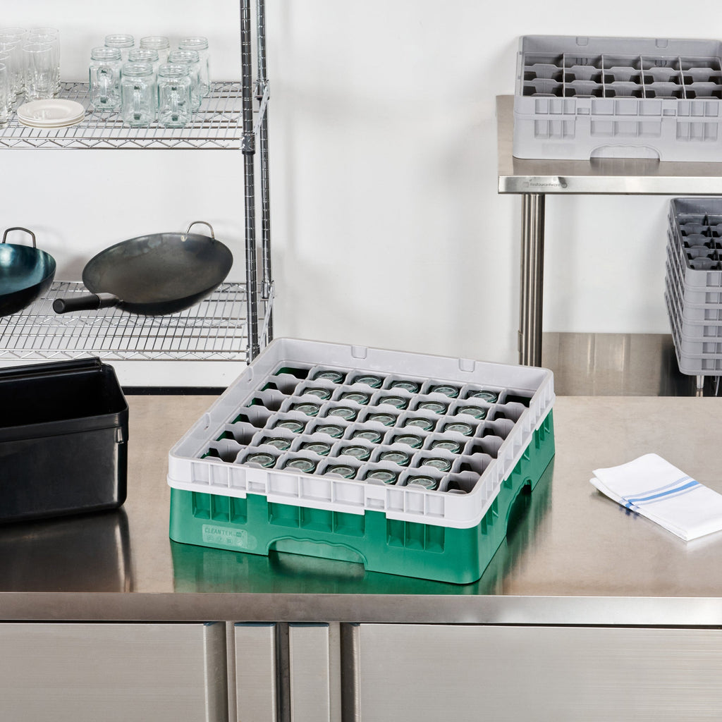 Clean Tek Professional Green Glass Rack - 49 Compartments, 1 Full Drop Extender - 19 3/4" x 19 3/4" x 5 3/4" - 1 count box
