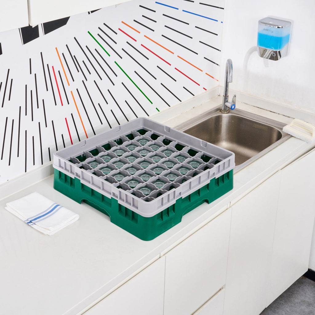 Clean Tek Professional Green Glass Rack - 49 Compartments, 1 Full Drop Extender - 19 3/4" x 19 3/4" x 5 3/4" - 1 count box