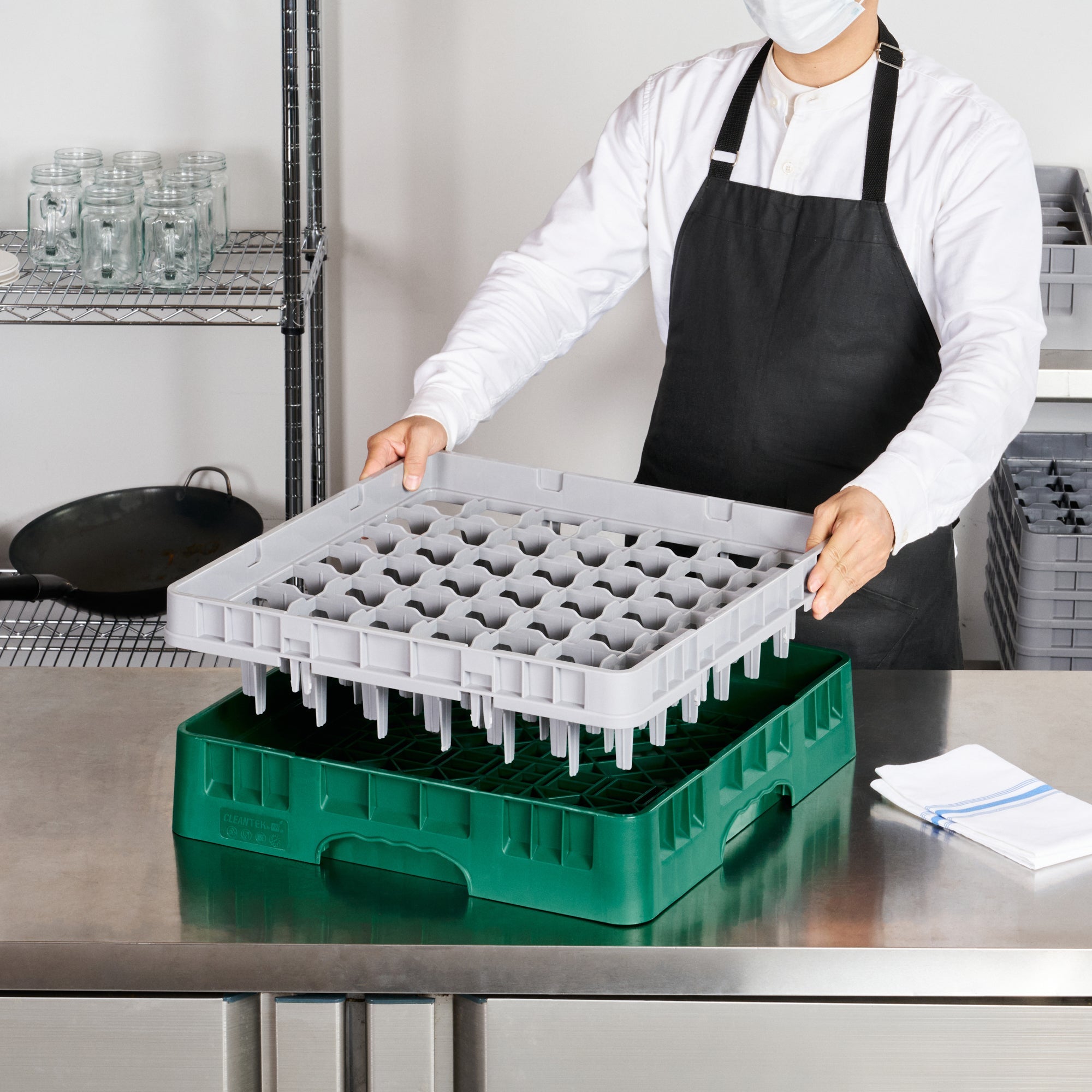 Clean Tek Professional Green Glass Rack - 49 Compartments, 1 Full Drop Extender - 19 3/4" x 19 3/4" x 5 3/4" - 1 count box