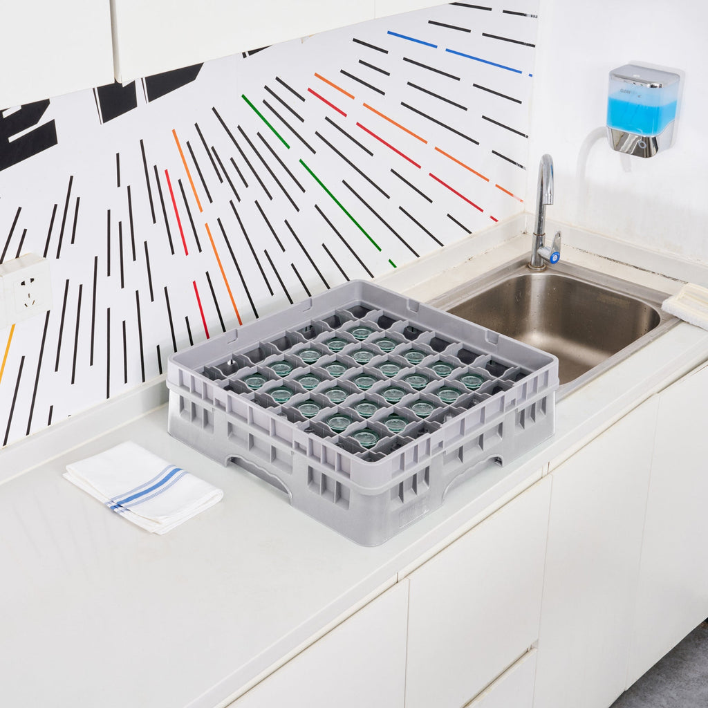 Clean Tek Professional Gray Glass Rack - 49 Compartments, 1 Full Drop Extender - 19 3/4" x 19 3/4" x 5 3/4" - 1 count box