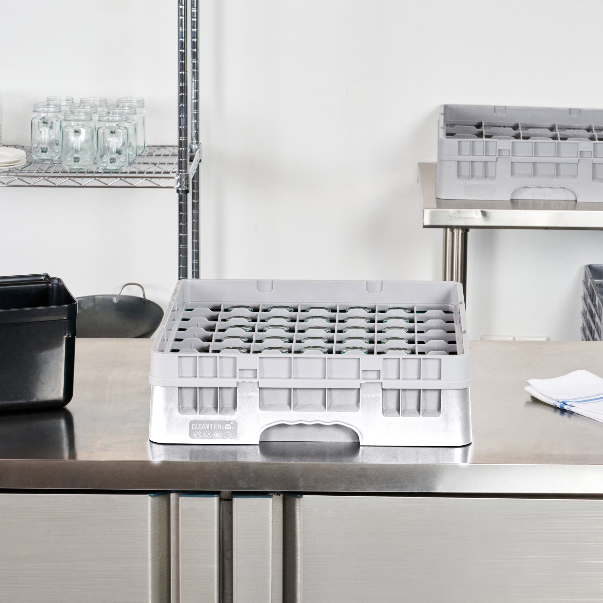 Clean Tek Professional Gray Glass Rack - 49 Compartments, 1 Full Drop Extender - 19 3/4" x 19 3/4" x 5 3/4" - 1 count box
