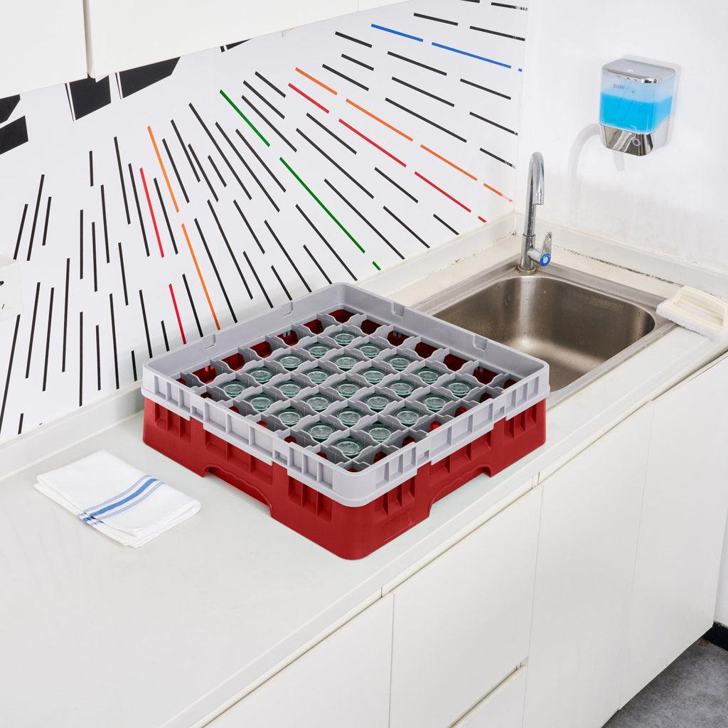 Clean Tek Professional Red Glass Rack - 49 Compartments, 1 Full Drop Extender - 19 3/4" x 19 3/4" x 5 3/4" - 1 count box