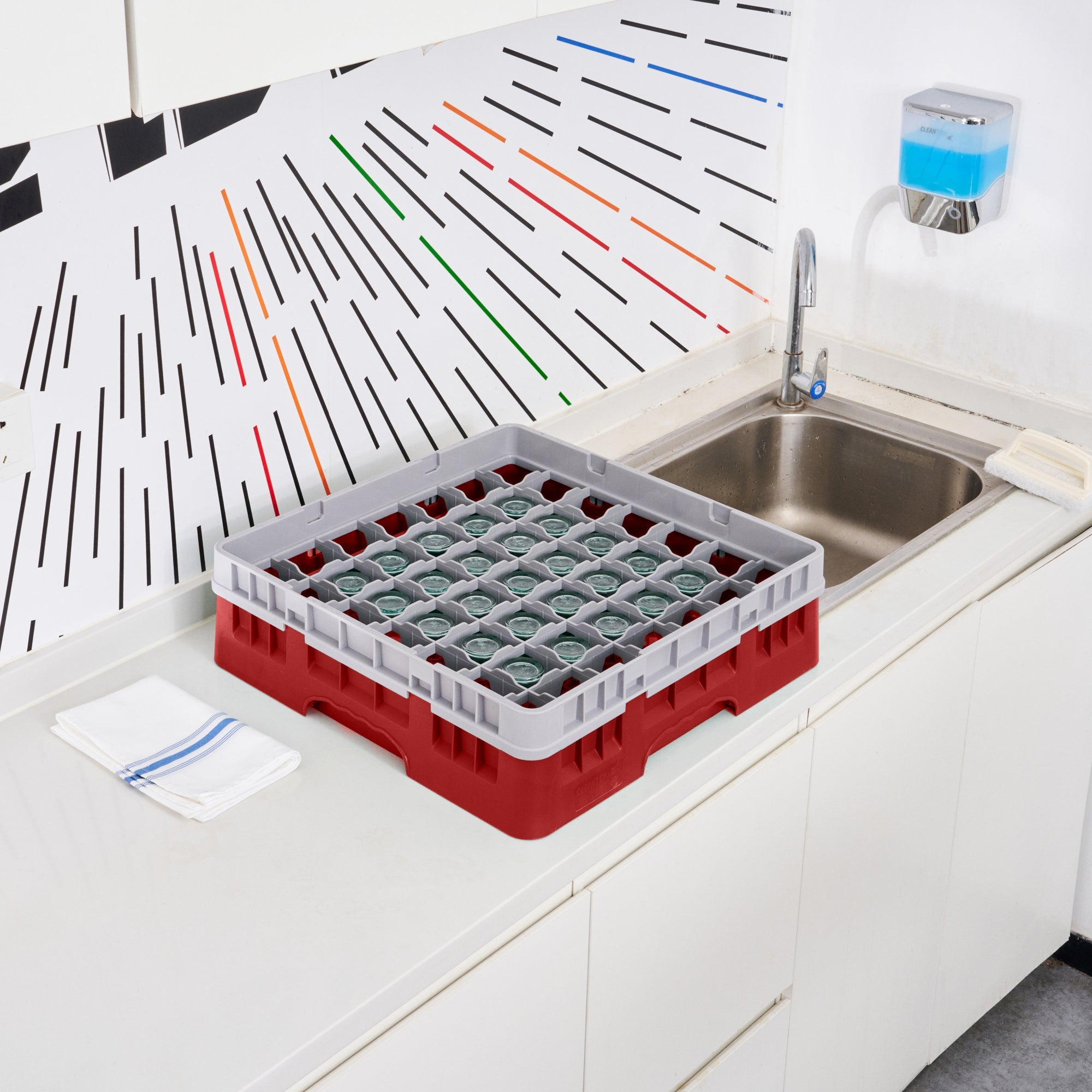 Clean Tek Professional Red Glass Rack - 49 Compartments, 1 Full Drop Extender - 19 3/4" x 19 3/4" x 5 3/4" - 1 count box