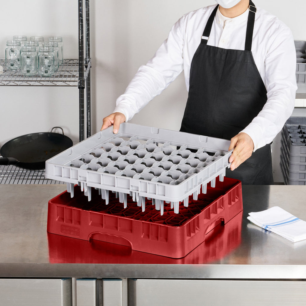 Clean Tek Professional Red Glass Rack - 49 Compartments, 1 Full Drop Extender - 19 3/4" x 19 3/4" x 5 3/4" - 1 count box
