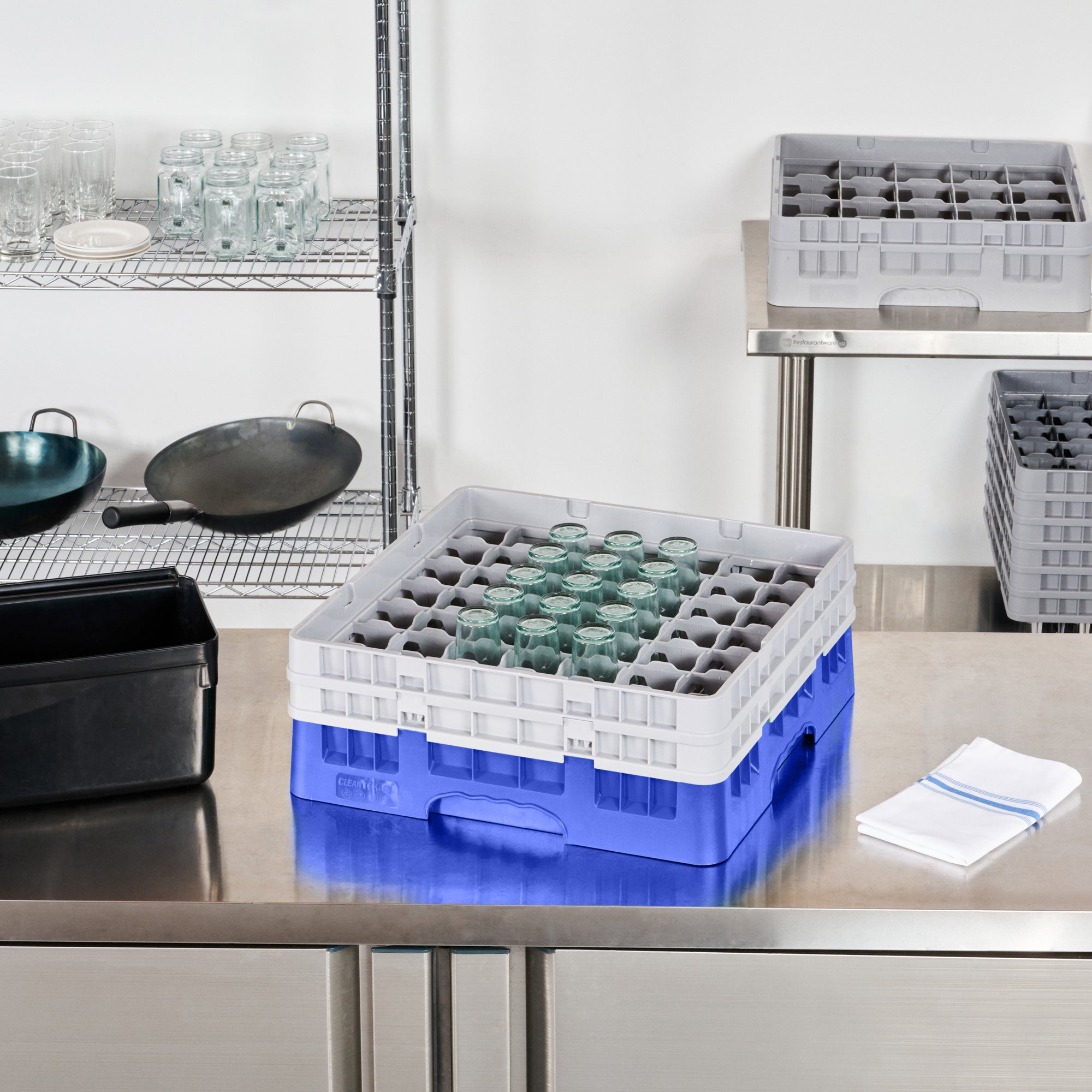 Clean Tek Professional Blue Glass Rack - 49 Compartments, 1 Full Drop and 1 Half Drop Extender - 19 3/4" x 19 3/4" x 7 1/4" - 1 count box