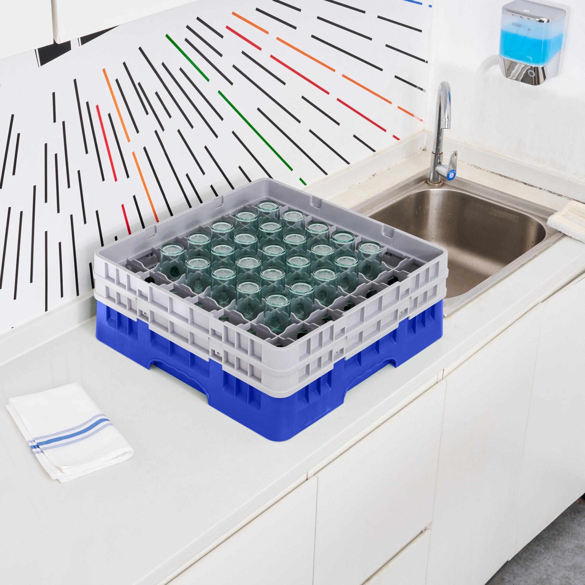 Clean Tek Professional Blue Glass Rack - 49 Compartments, 1 Full Drop and 1 Half Drop Extender - 19 3/4" x 19 3/4" x 7 1/4" - 1 count box