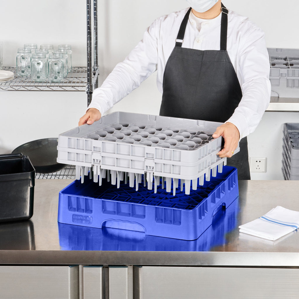 Clean Tek Professional Blue Glass Rack - 49 Compartments, 1 Full Drop and 1 Half Drop Extender - 19 3/4" x 19 3/4" x 7 1/4" - 1 count box