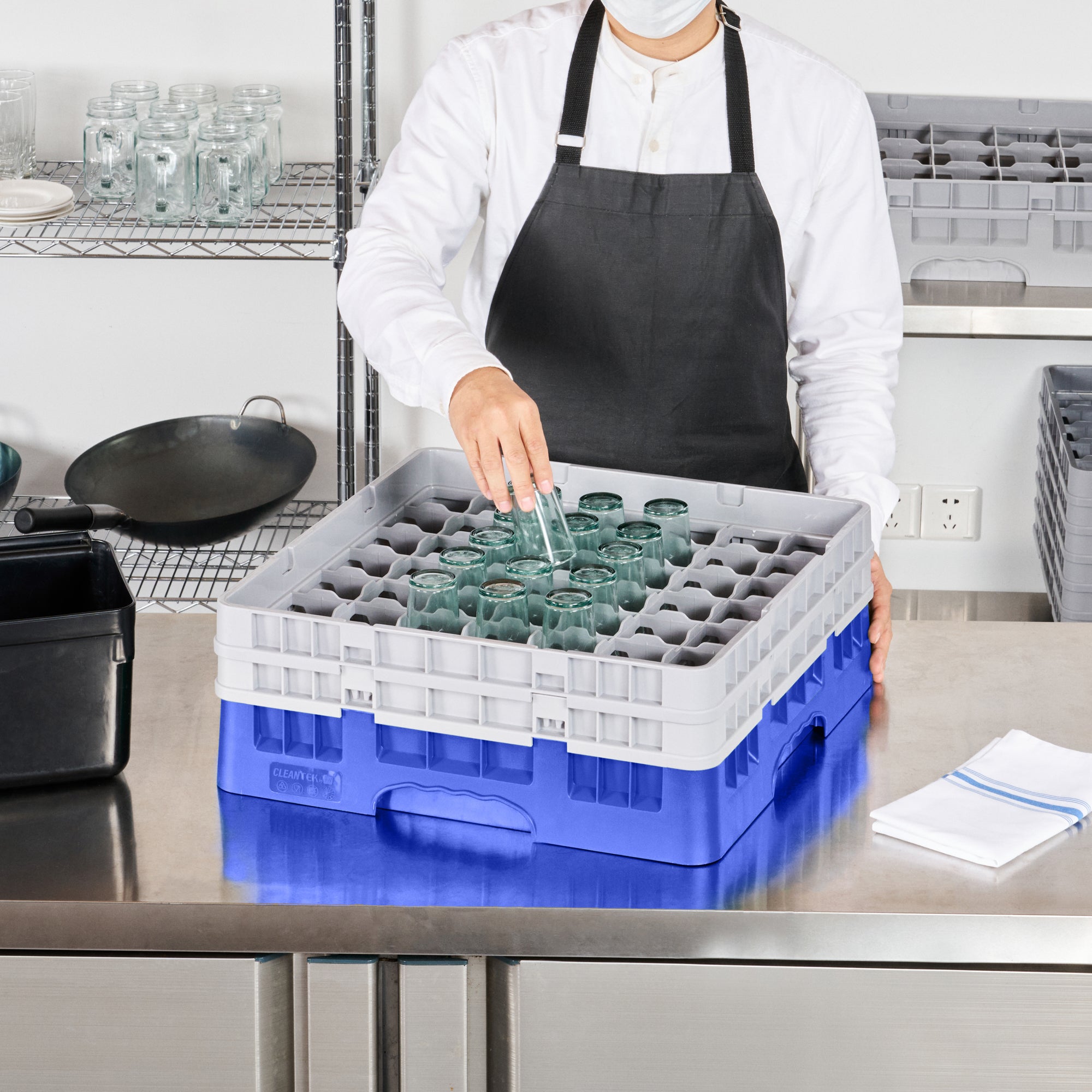Clean Tek Professional Blue Glass Rack - 49 Compartments, 1 Full Drop and 1 Half Drop Extender - 19 3/4" x 19 3/4" x 7 1/4" - 1 count box