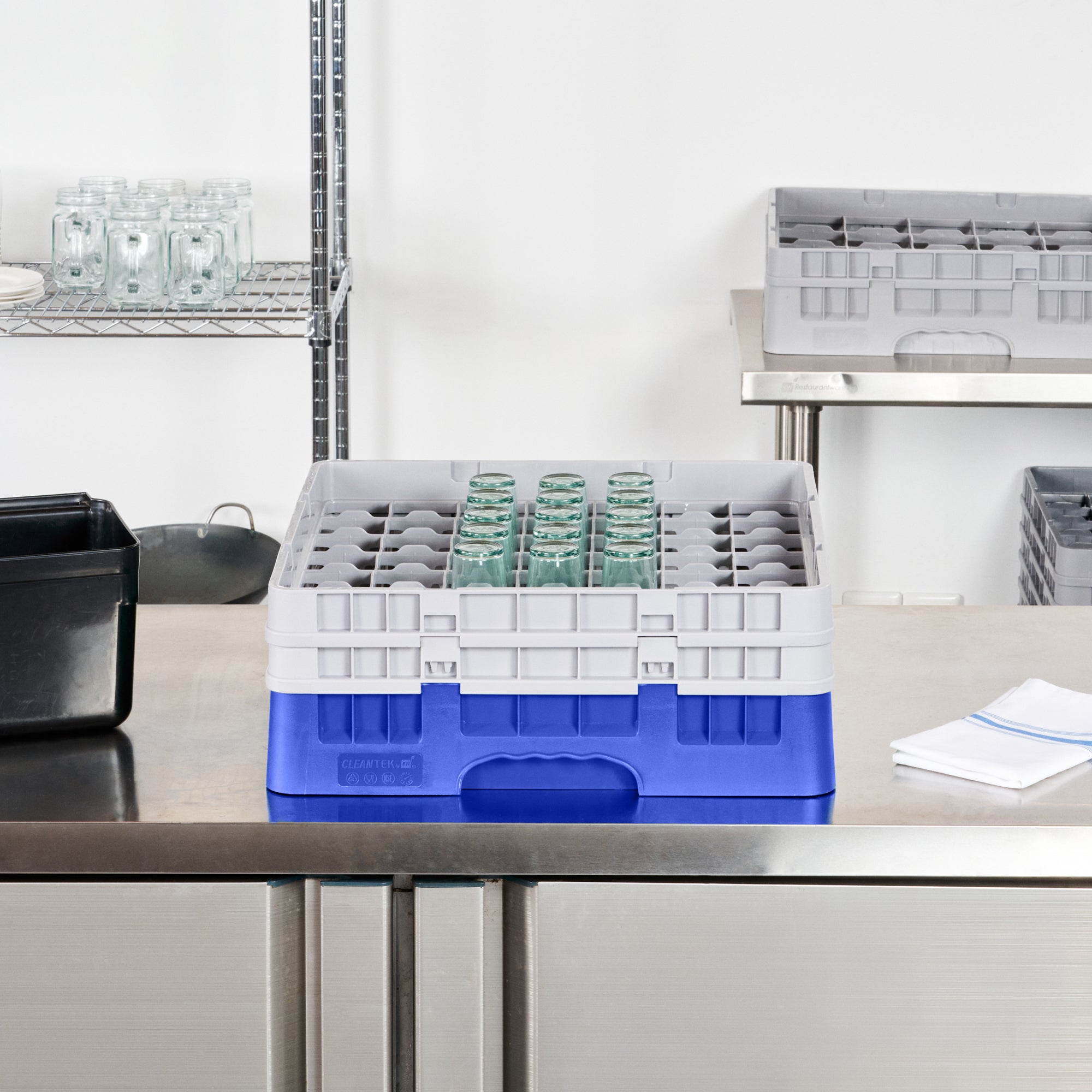 Clean Tek Professional Blue Glass Rack - 49 Compartments, 1 Full Drop and 1 Half Drop Extender - 19 3/4" x 19 3/4" x 7 1/4" - 1 count box