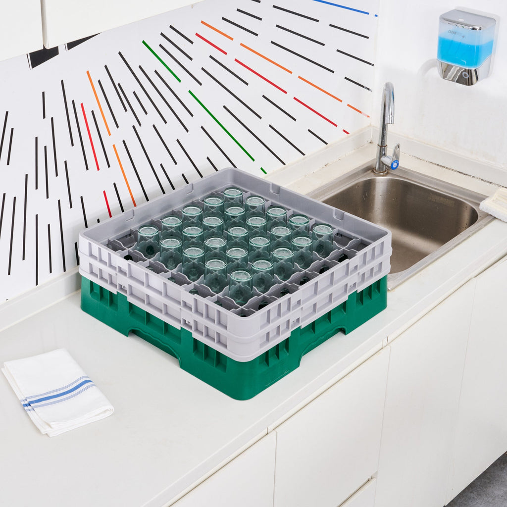 Clean Tek Professional Green Glass Rack - 49 Compartments, 1 Full Drop and 1 Half Drop Extender - 19 3/4" x 19 3/4" x 7 1/4" - 1 count box