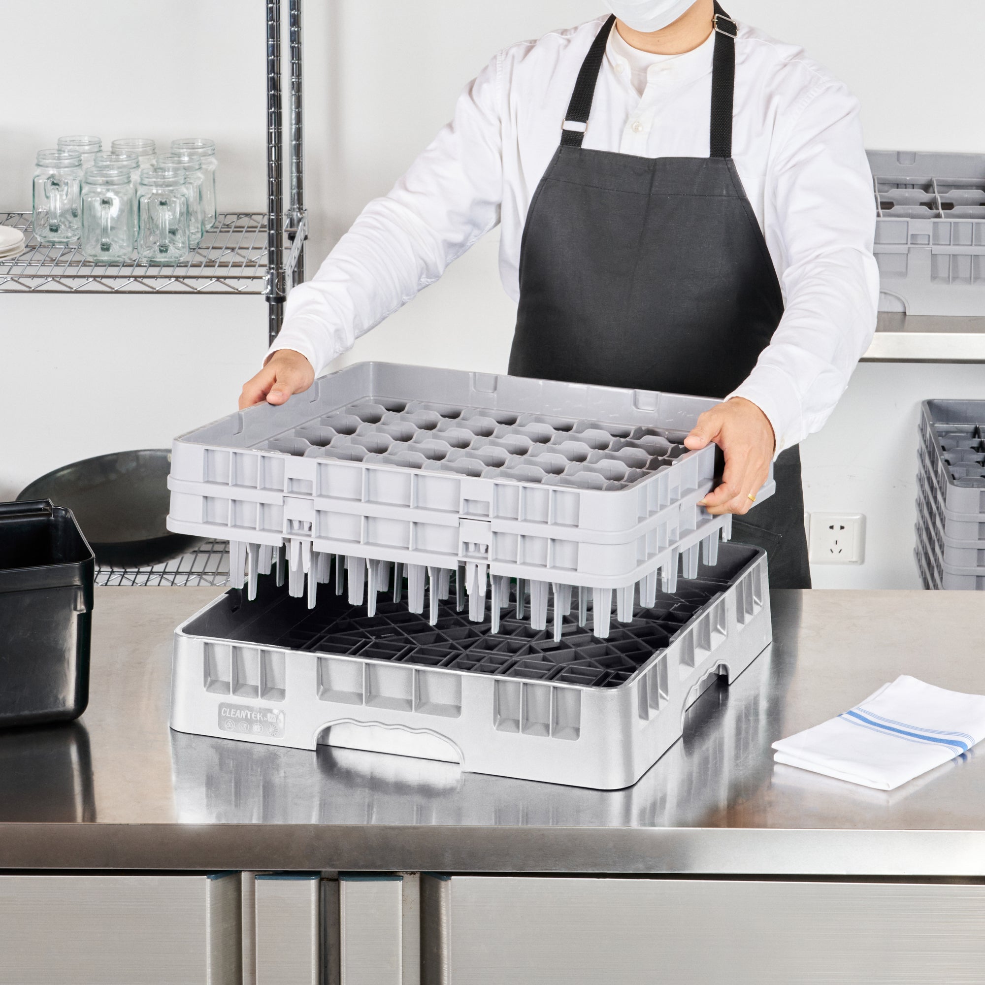 Clean Tek Professional Gray Glass Rack - 49 Compartments, 1 Full Drop and 1 Half Drop Extender - 19 3/4" x 19 3/4" x 7 1/4" - 1 count box