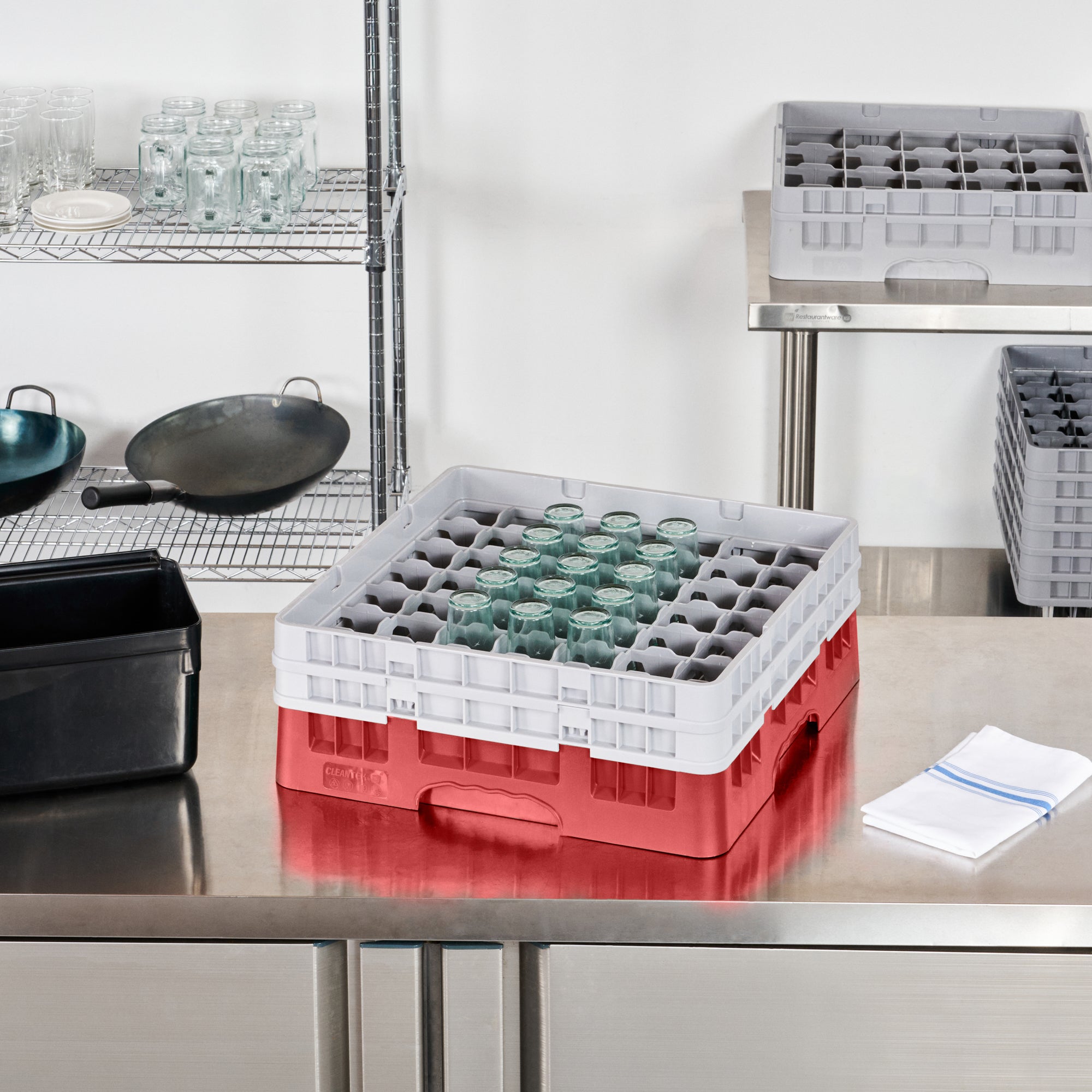 Clean Tek Professional Red Glass Rack - 49 Compartments, 1 Full Drop and 1 Half Drop Extender - 19 3/4" x 19 3/4" x 7 1/4" - 1 count box