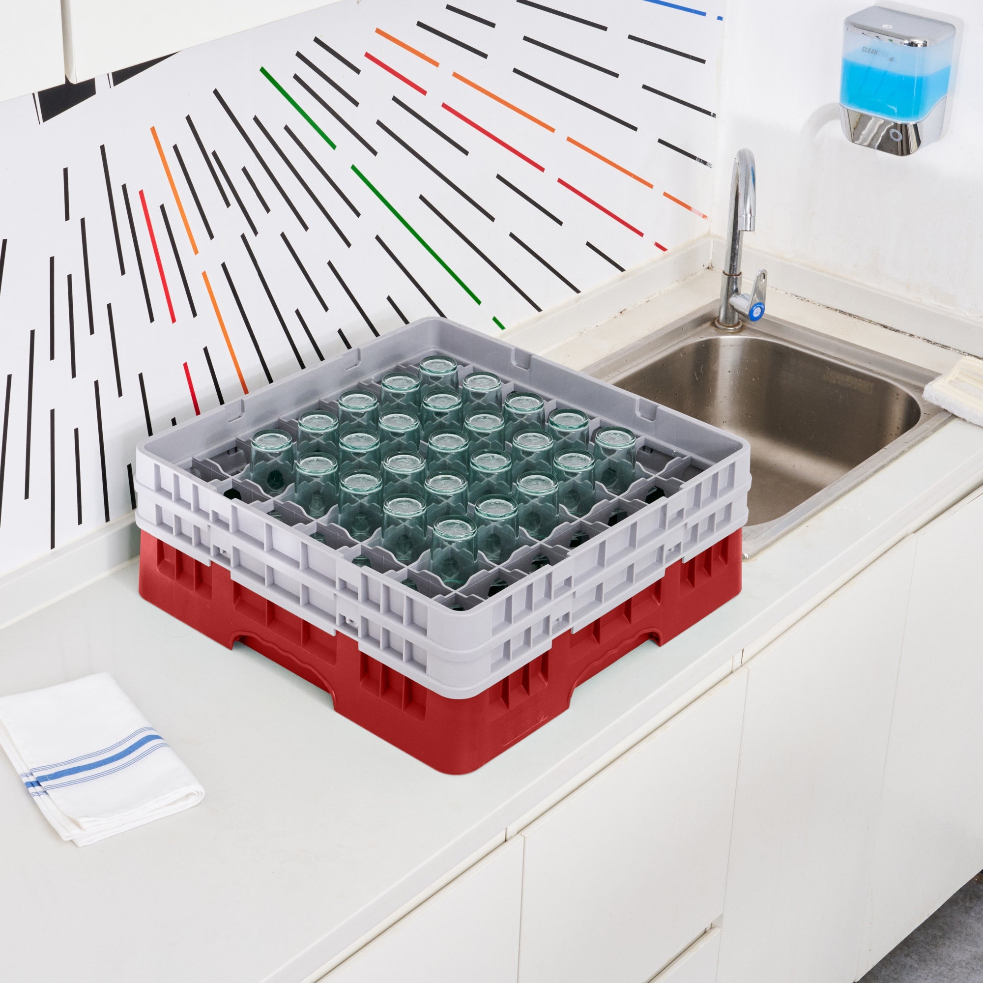 Clean Tek Professional Red Glass Rack - 49 Compartments, 1 Full Drop and 1 Half Drop Extender - 19 3/4" x 19 3/4" x 7 1/4" - 1 count box