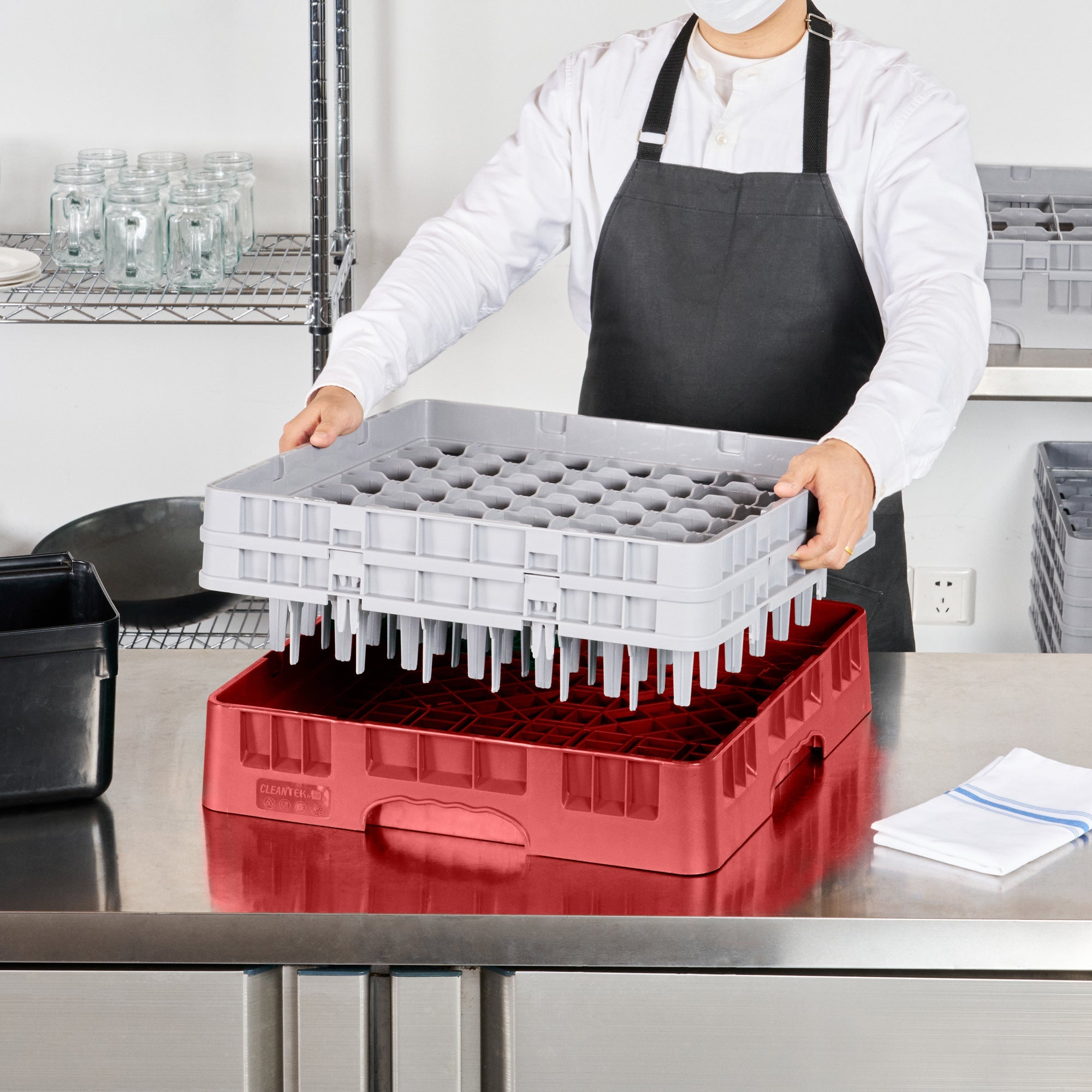 Clean Tek Professional Red Glass Rack - 49 Compartments, 1 Full Drop and 1 Half Drop Extender - 19 3/4" x 19 3/4" x 7 1/4" - 1 count box