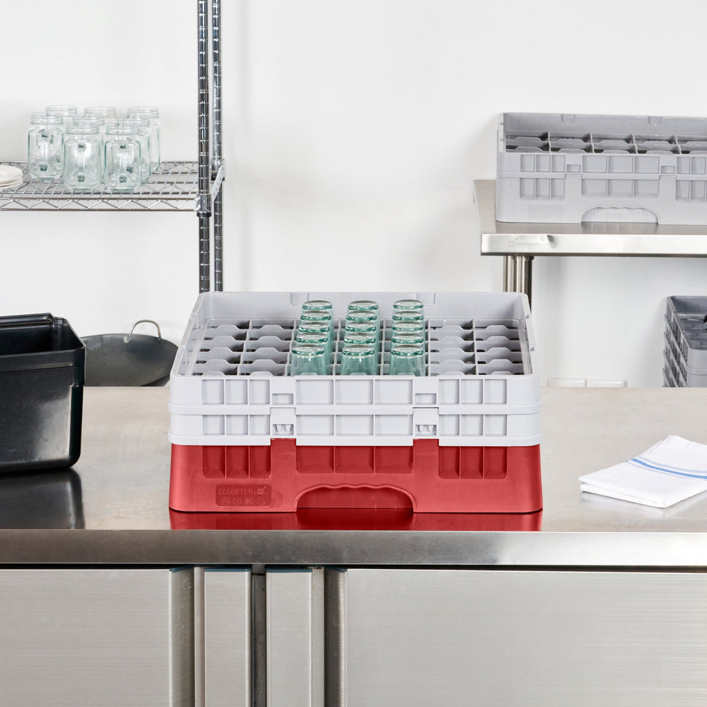 Clean Tek Professional Red Glass Rack - 49 Compartments, 1 Full Drop and 1 Half Drop Extender - 19 3/4" x 19 3/4" x 7 1/4" - 1 count box