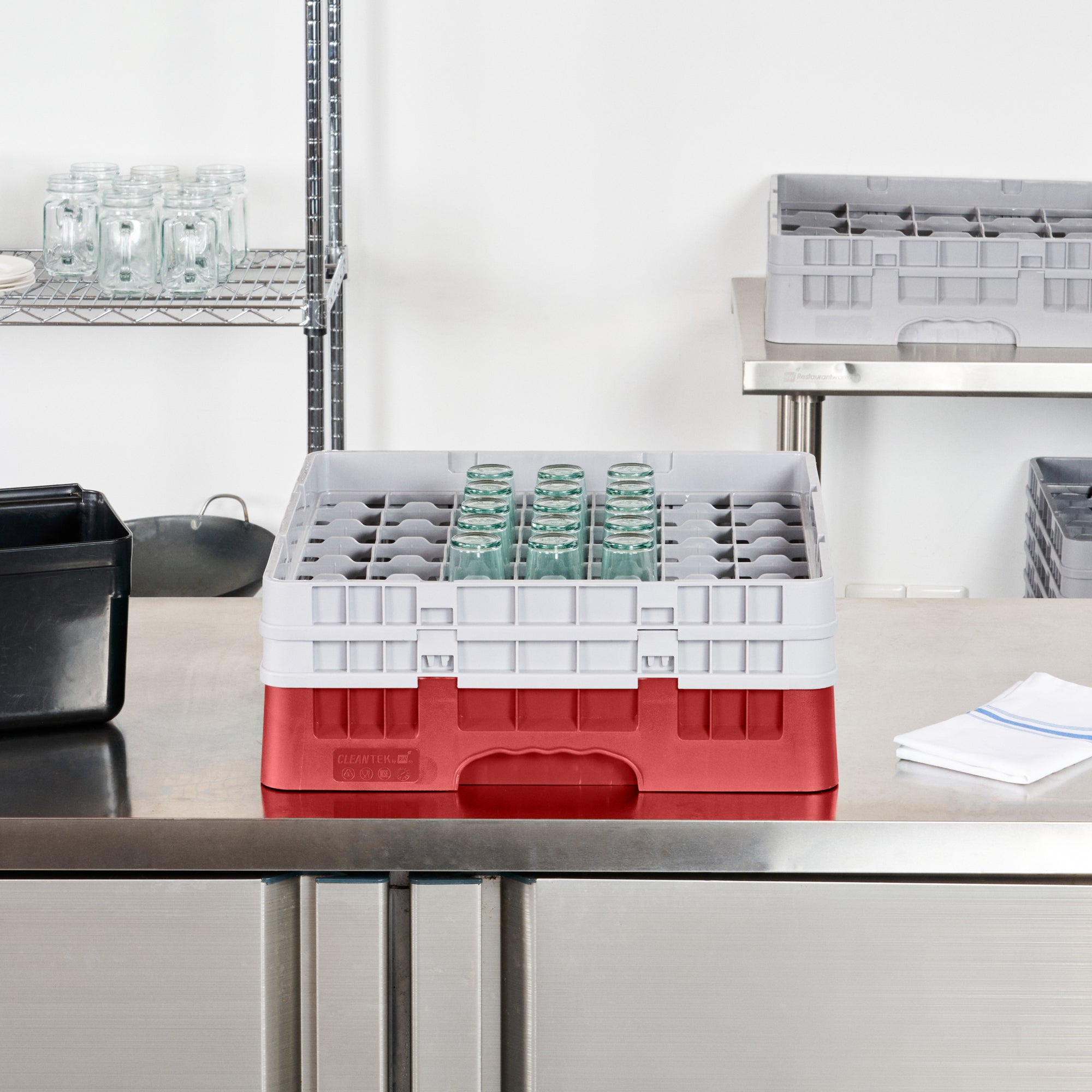 Clean Tek Professional Red Glass Rack - 49 Compartments, 1 Full Drop and 1 Half Drop Extender - 19 3/4" x 19 3/4" x 7 1/4" - 1 count box
