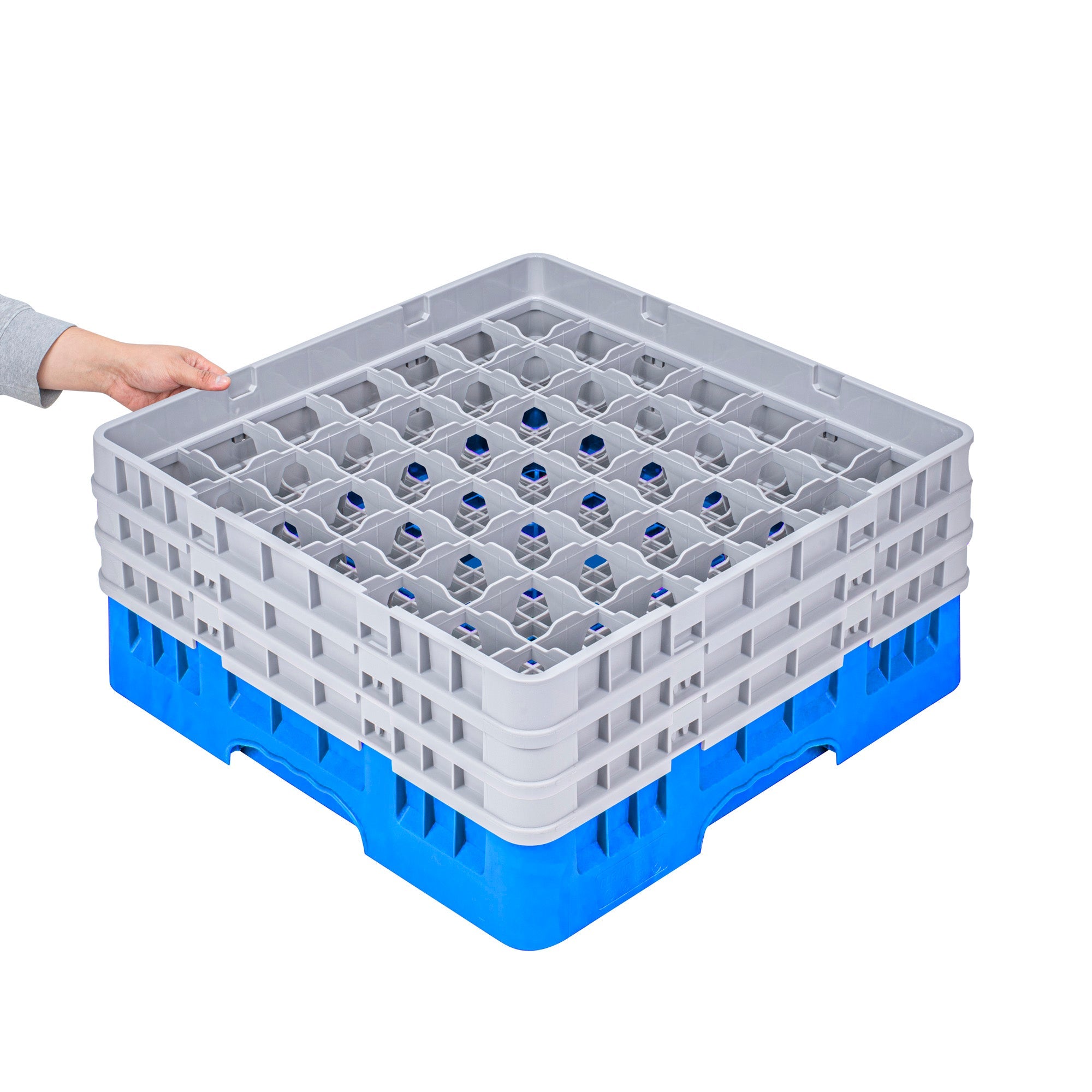 Clean Tek Professional Blue Glass Rack - 49 Compartments, 1 Full Drop and 2 Half Drop Extenders - 19 3/4" x 19 3/4" x 8 3/4" - 1 count box