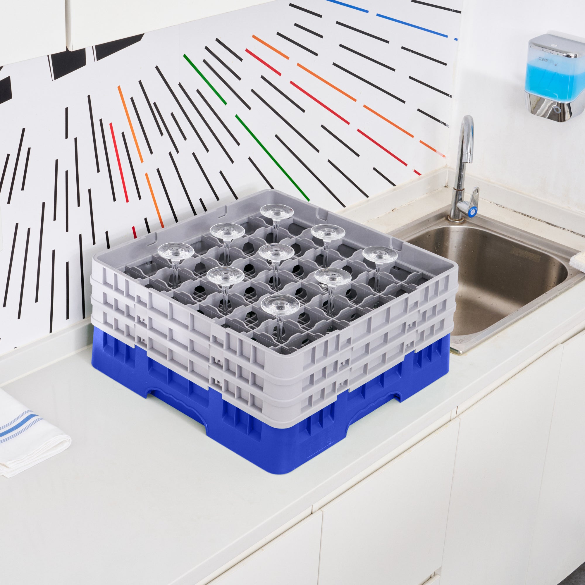 Clean Tek Professional Blue Glass Rack - 49 Compartments, 1 Full Drop and 2 Half Drop Extenders - 19 3/4" x 19 3/4" x 8 3/4" - 1 count box