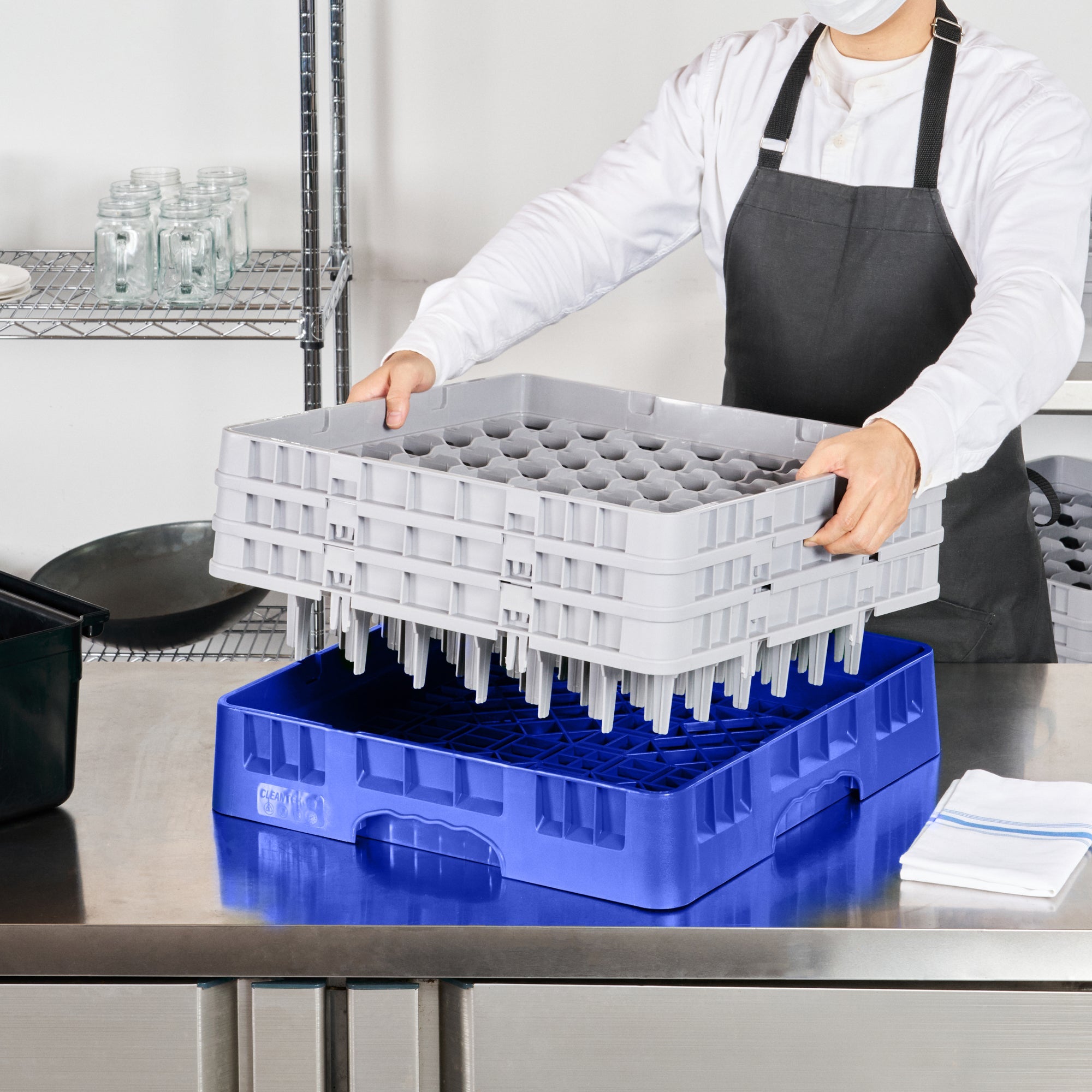 Clean Tek Professional Blue Glass Rack - 49 Compartments, 1 Full Drop and 2 Half Drop Extenders - 19 3/4" x 19 3/4" x 8 3/4" - 1 count box