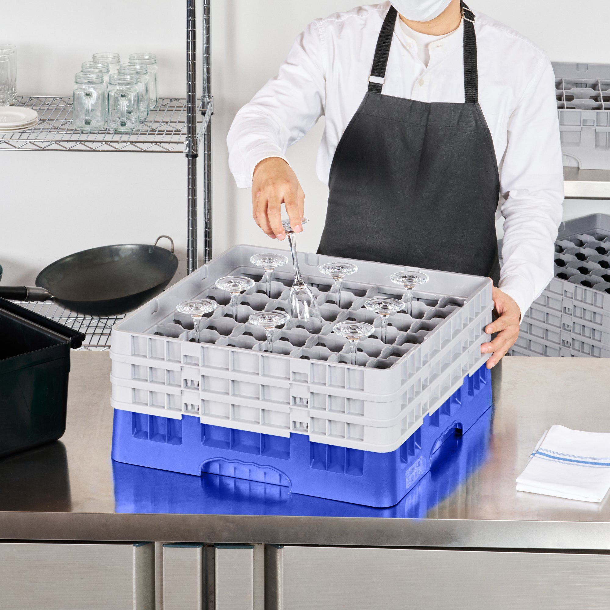 Clean Tek Professional Blue Glass Rack - 49 Compartments, 1 Full Drop and 2 Half Drop Extenders - 19 3/4" x 19 3/4" x 8 3/4" - 1 count box