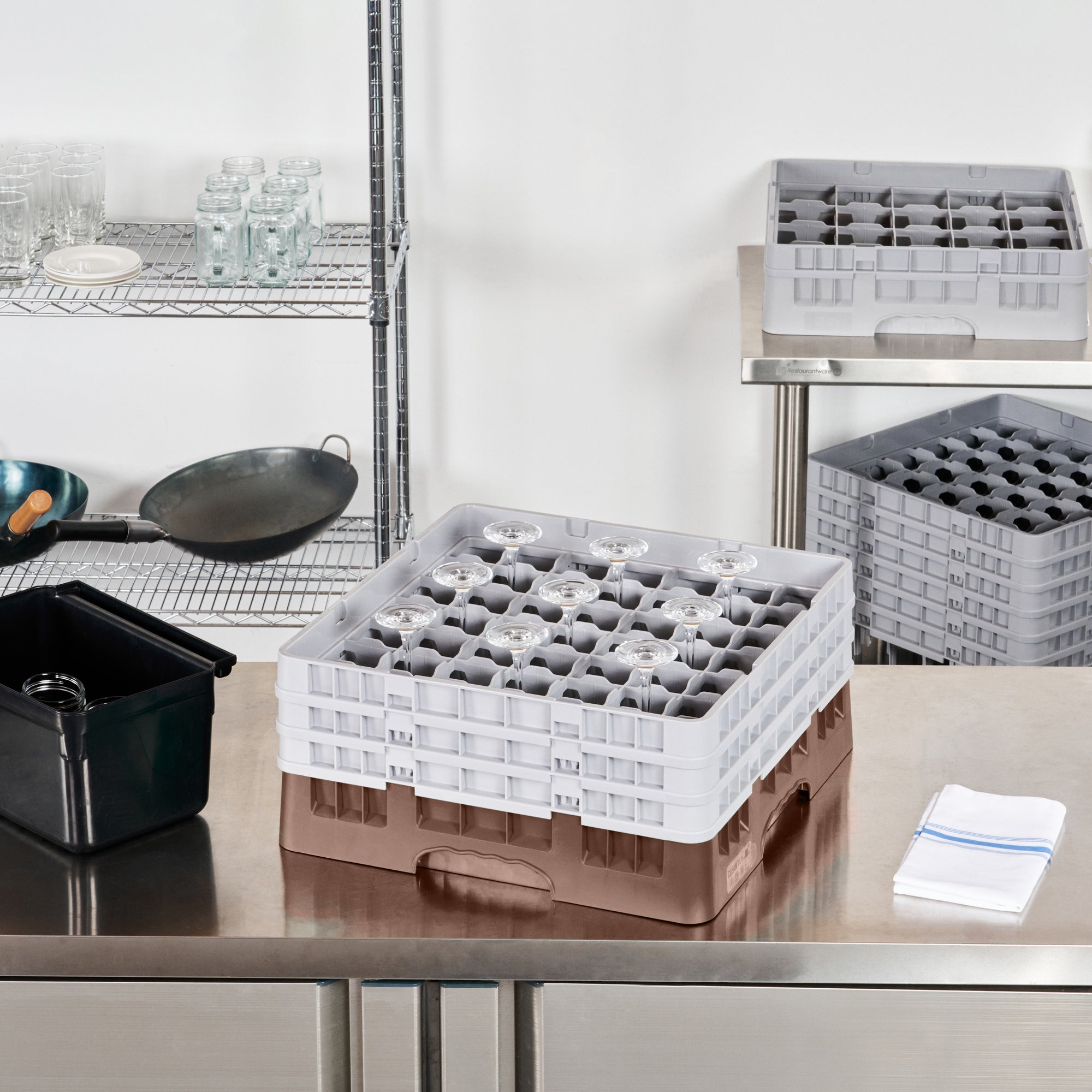 Clean Tek Professional Brown Glass Rack - 49 Compartments, 1 Full Drop and 2 Half Drop Extenders - 19 3/4" x 19 3/4" x 8 3/4" - 1 count box