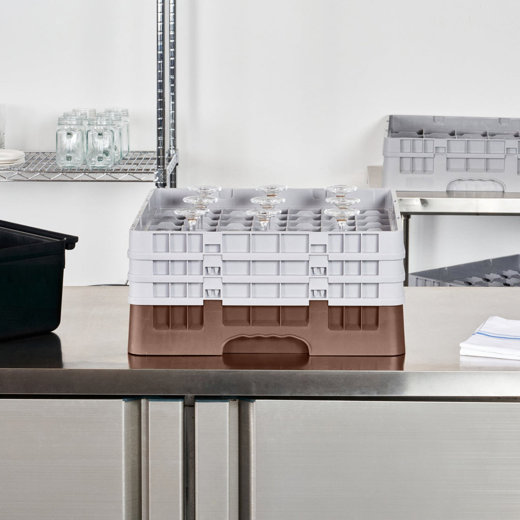 Clean Tek Professional Brown Glass Rack - 49 Compartments, 1 Full Drop and 2 Half Drop Extenders - 19 3/4" x 19 3/4" x 8 3/4" - 1 count box