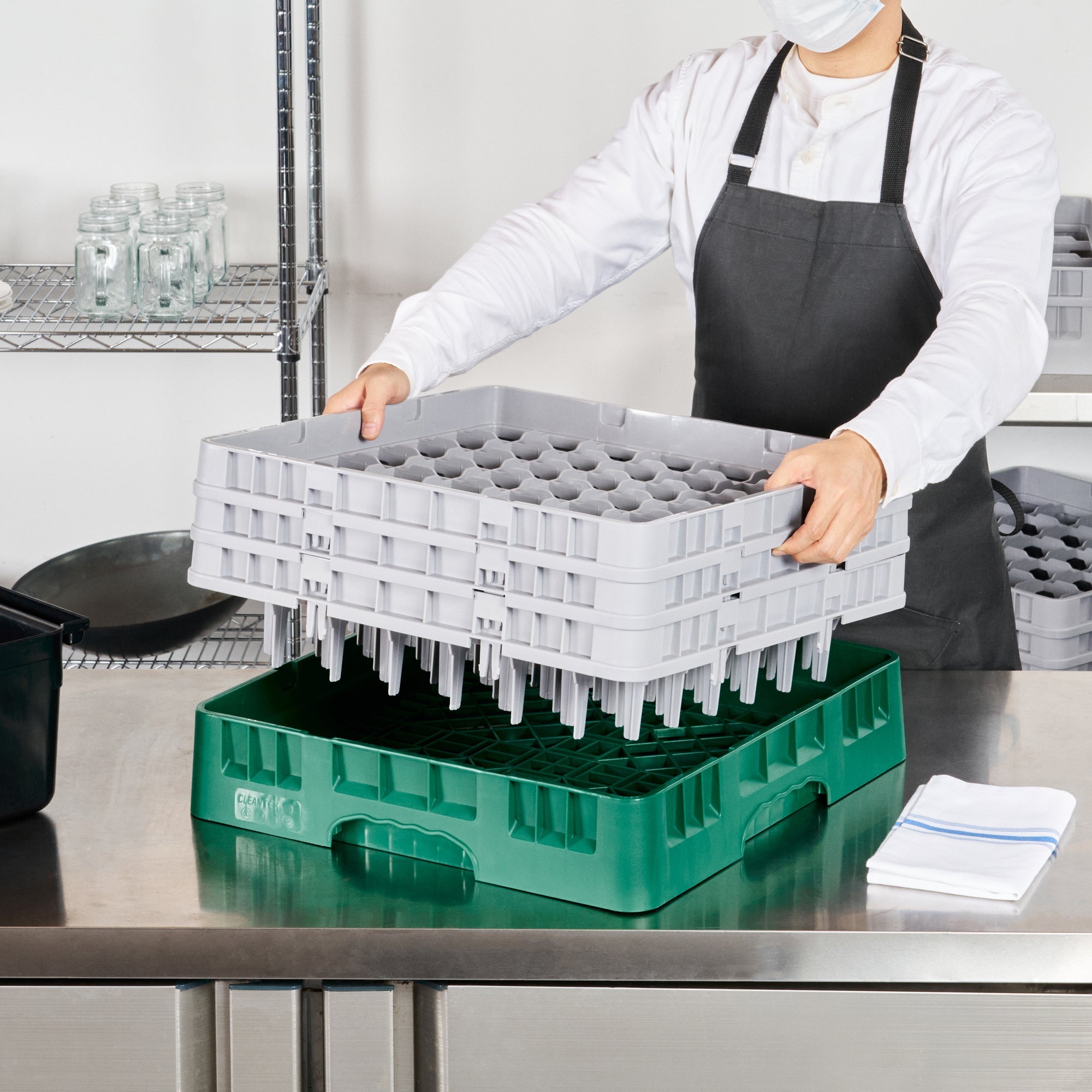 Clean Tek Professional Green Glass Rack - 49 Compartments, 1 Full Drop and 2 Half Drop Extenders - 19 3/4" x 19 3/4" x 8 3/4" - 1 count box