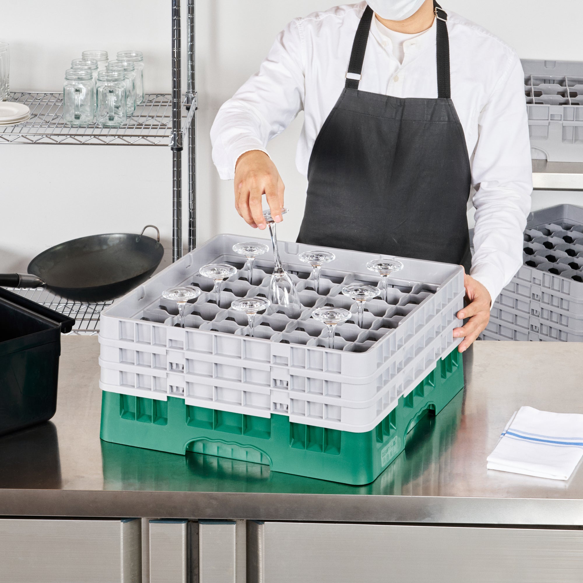 Clean Tek Professional Green Glass Rack - 49 Compartments, 1 Full Drop and 2 Half Drop Extenders - 19 3/4" x 19 3/4" x 8 3/4" - 1 count box