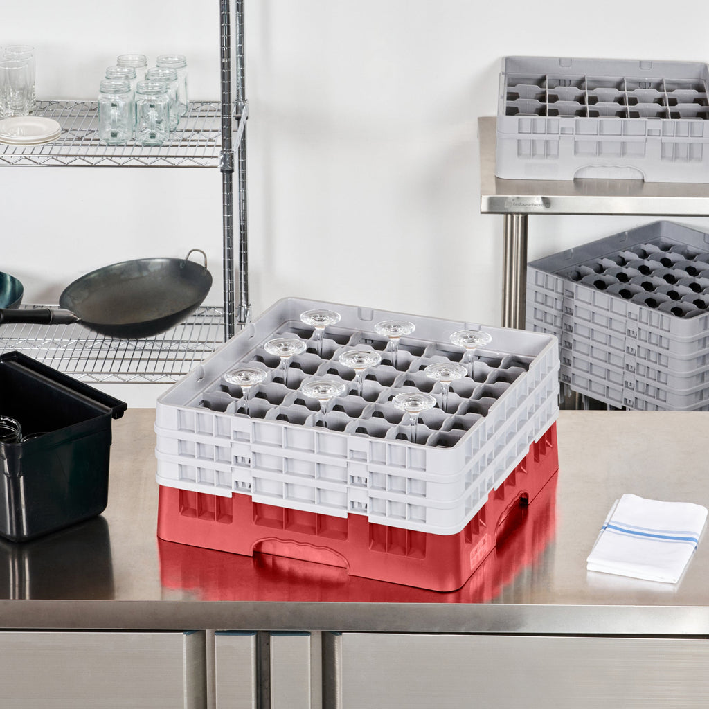 Clean Tek Professional Red Glass Rack - 49 Compartments, 1 Full Drop and 2 Half Drop Extenders - 19 3/4" x 19 3/4" x 8 3/4" - 1 count box