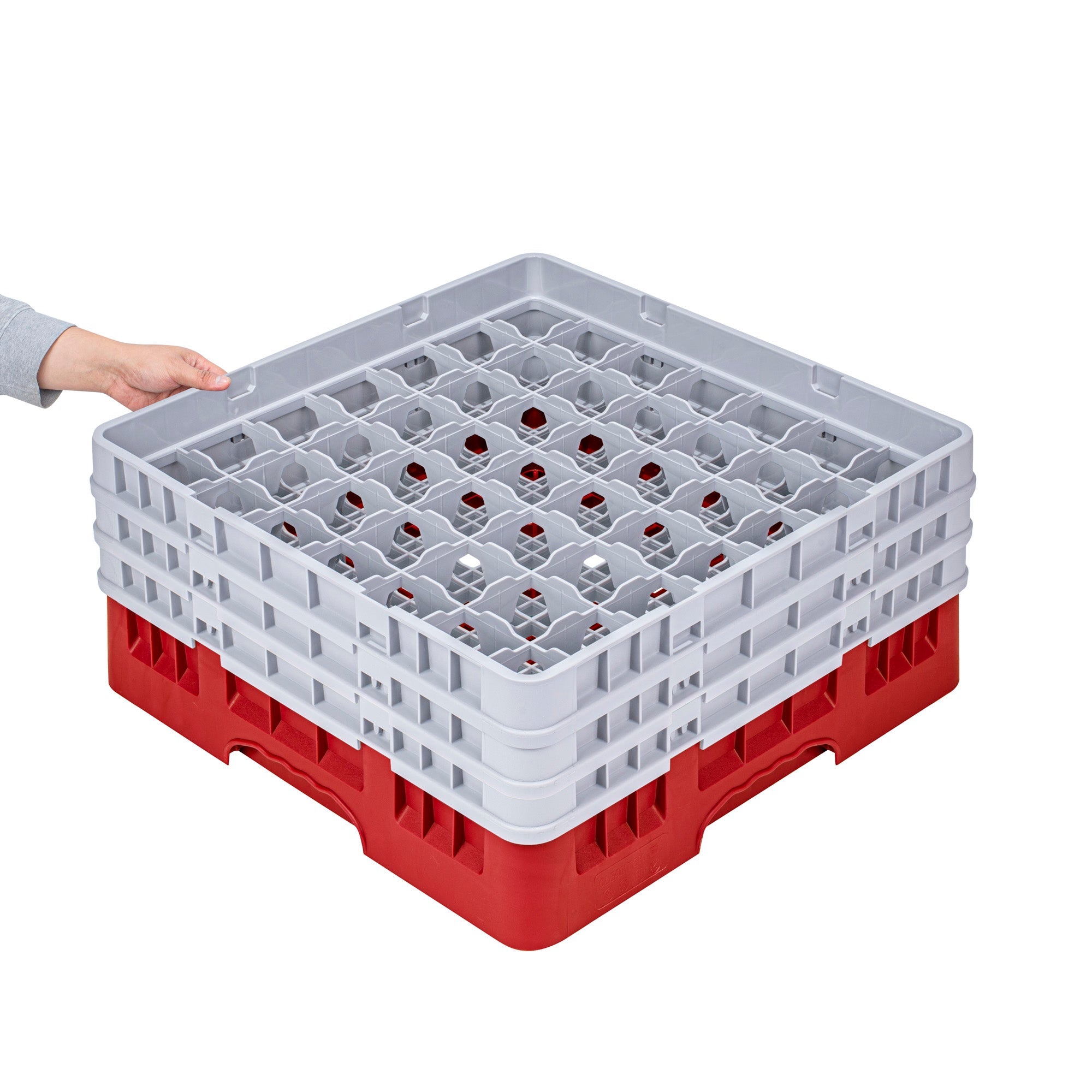 Clean Tek Professional Red Glass Rack - 49 Compartments, 1 Full Drop and 2 Half Drop Extenders - 19 3/4" x 19 3/4" x 8 3/4" - 1 count box
