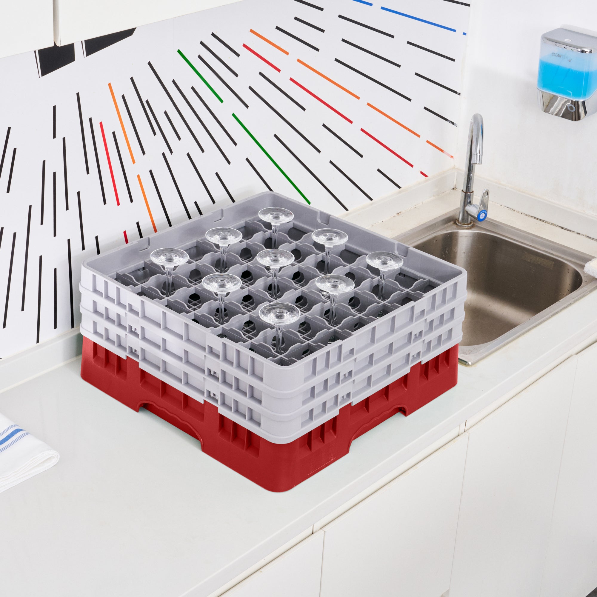 Clean Tek Professional Red Glass Rack - 49 Compartments, 1 Full Drop and 2 Half Drop Extenders - 19 3/4" x 19 3/4" x 8 3/4" - 1 count box