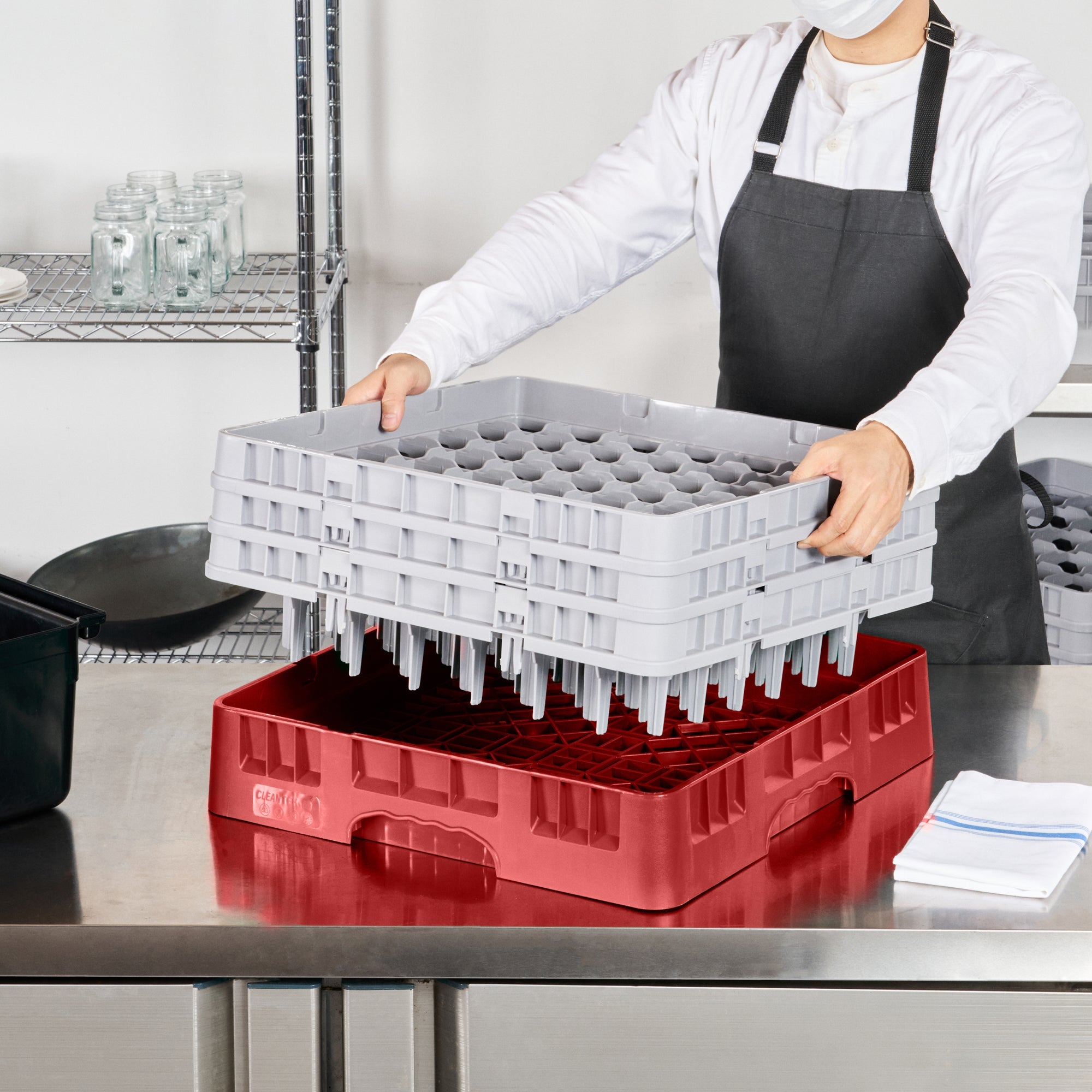 Clean Tek Professional Red Glass Rack - 49 Compartments, 1 Full Drop and 2 Half Drop Extenders - 19 3/4" x 19 3/4" x 8 3/4" - 1 count box