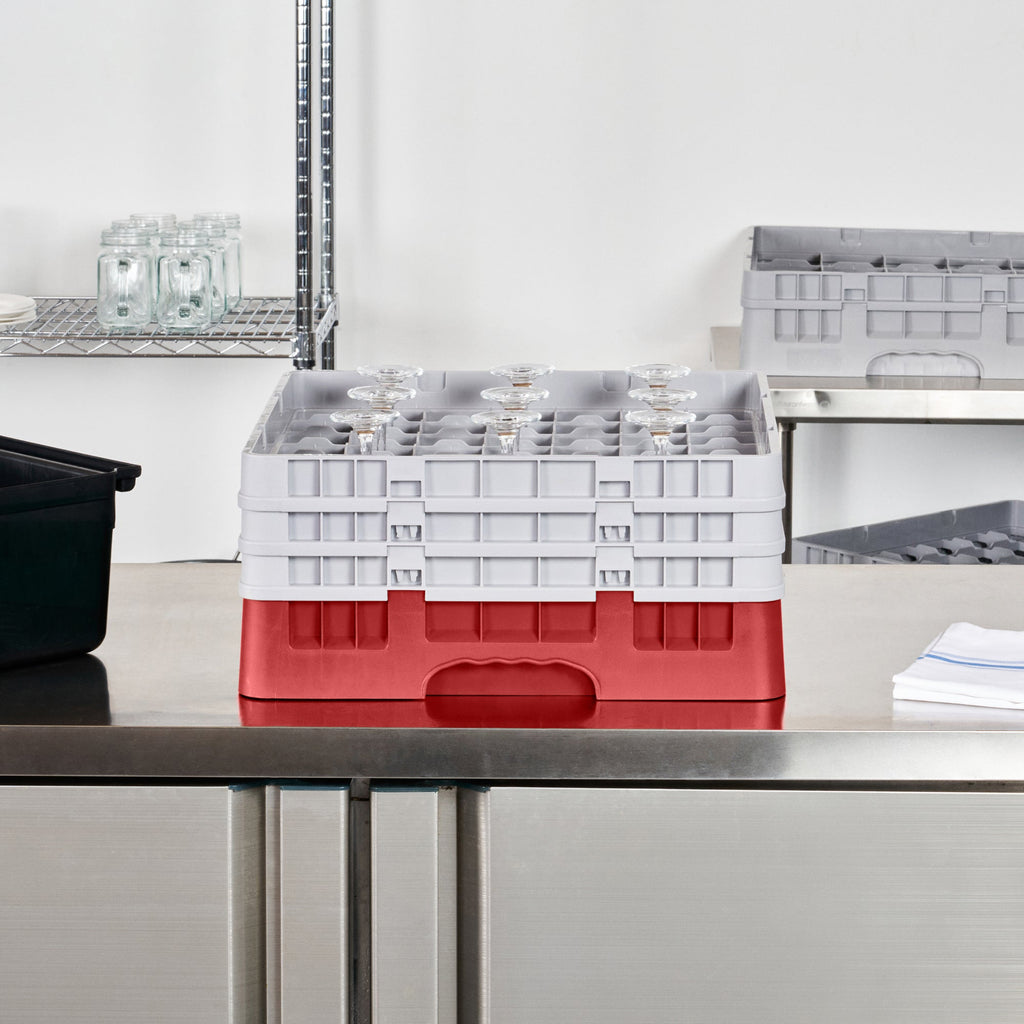 Clean Tek Professional Red Glass Rack - 49 Compartments, 1 Full Drop and 2 Half Drop Extenders - 19 3/4" x 19 3/4" x 8 3/4" - 1 count box