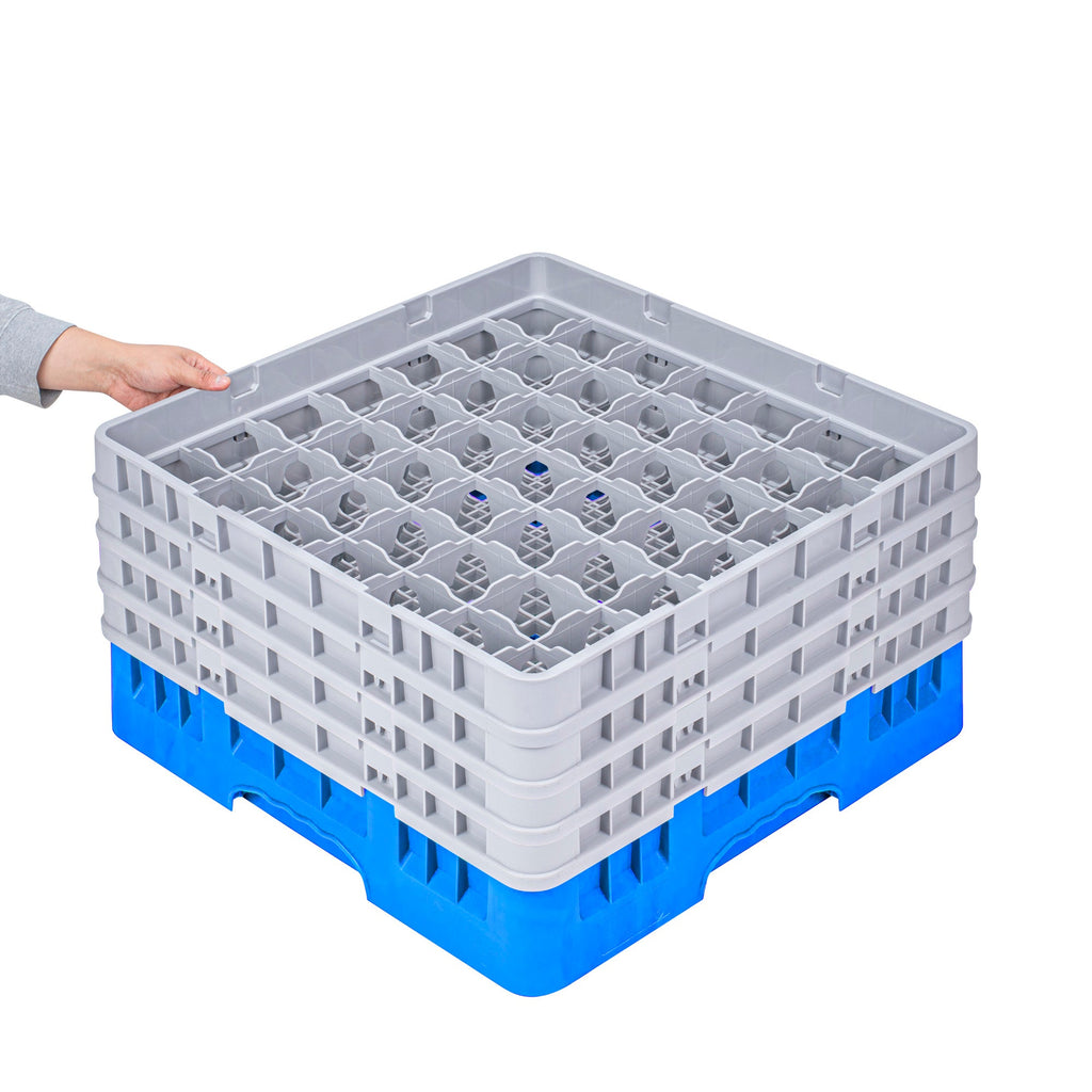 Clean Tek Professional Blue Glass Rack - 49 Compartments, 1 Full Drop and 3 Half Drop Extenders - 19 3/4" x 19 3/4" x 10 1/2" - 1 count box
