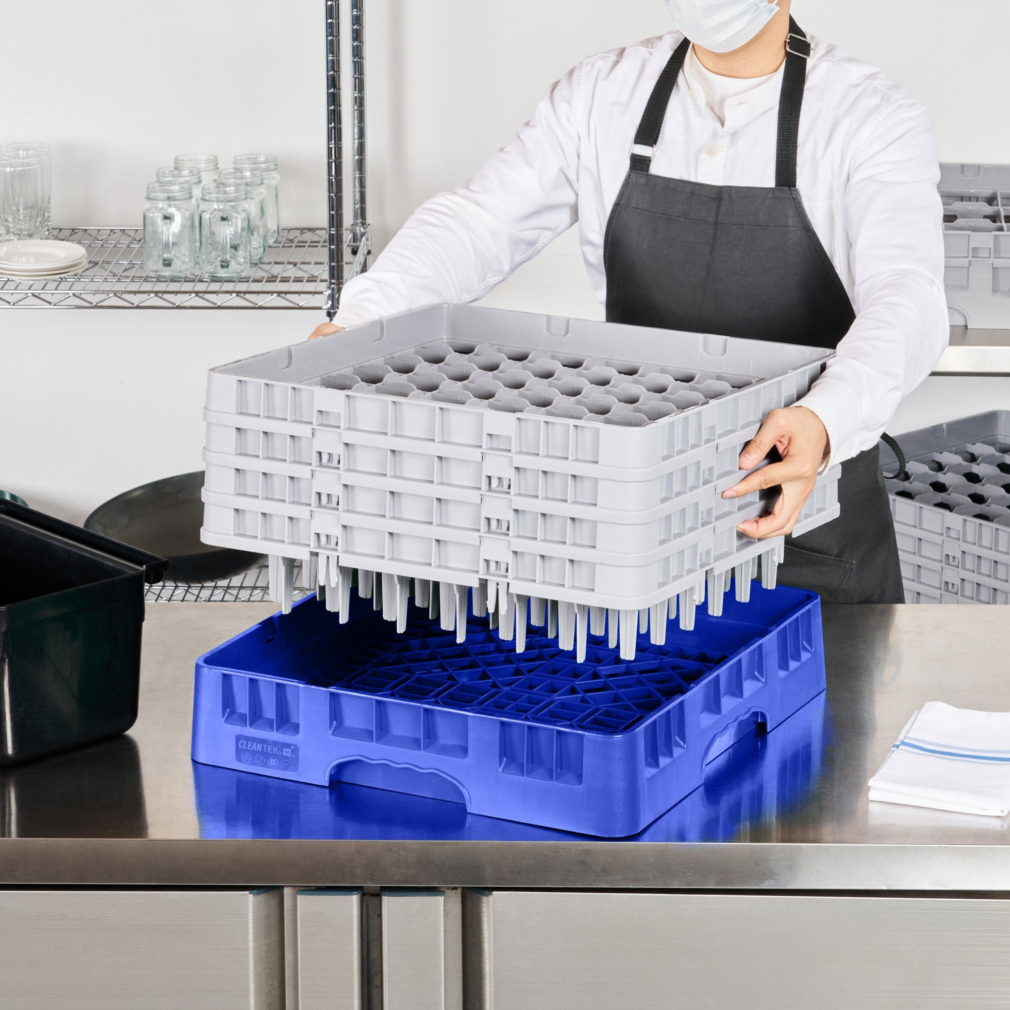 Clean Tek Professional Blue Glass Rack - 49 Compartments, 1 Full Drop and 3 Half Drop Extenders - 19 3/4" x 19 3/4" x 10 1/2" - 1 count box