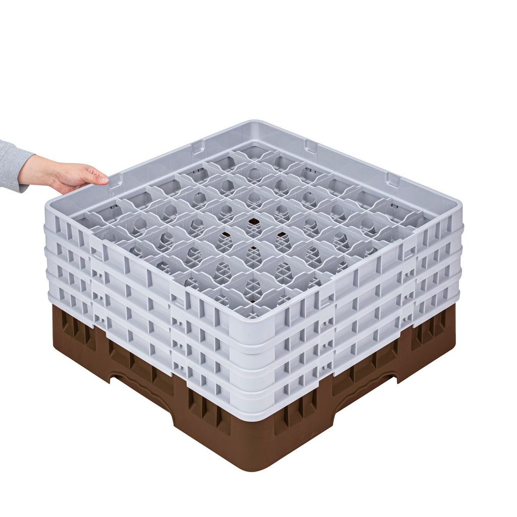 Clean Tek Professional Brown Glass Rack - 49 Compartments, 1 Full Drop and 3 Half Drop Extenders - 19 3/4" x 19 3/4" x 10 1/2" - 1 count box