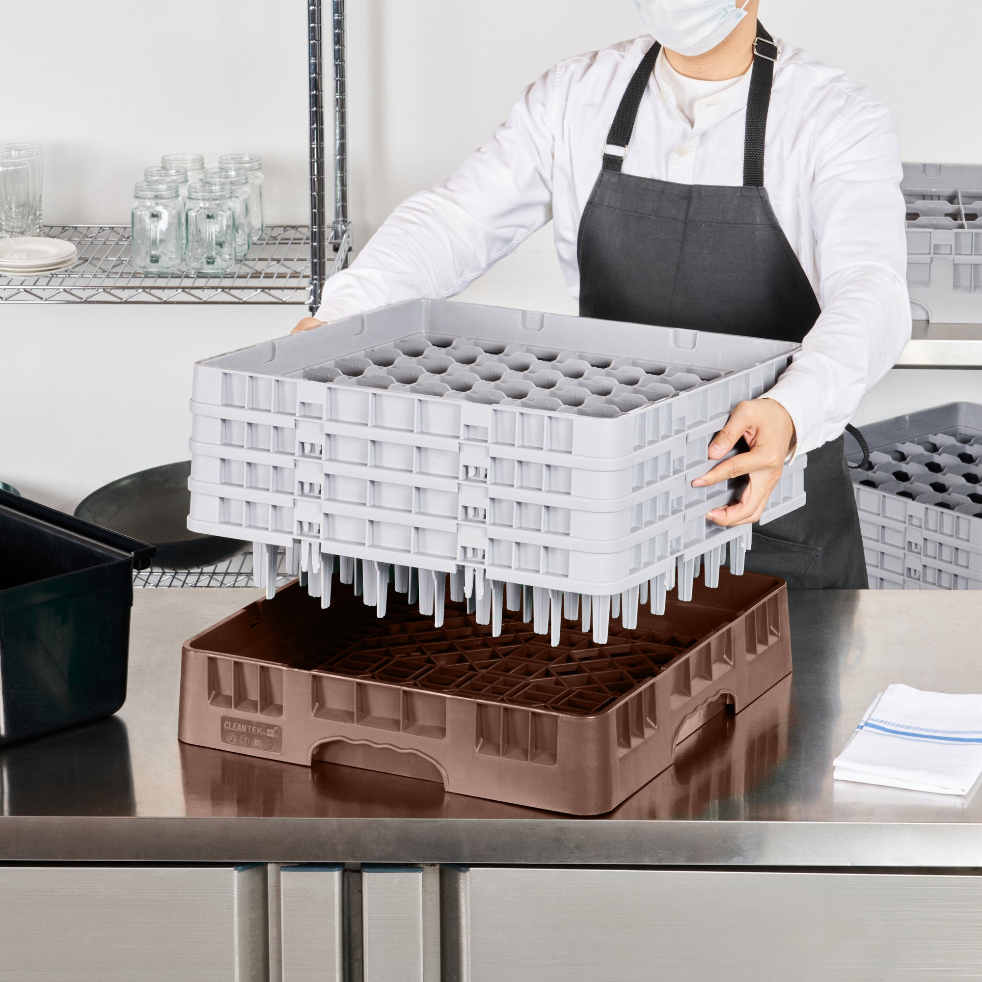 Clean Tek Professional Brown Glass Rack - 49 Compartments, 1 Full Drop and 3 Half Drop Extenders - 19 3/4" x 19 3/4" x 10 1/2" - 1 count box