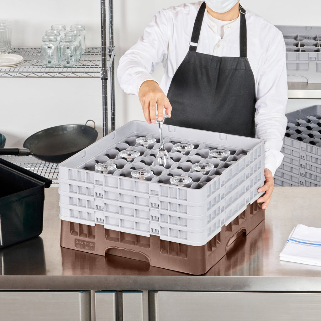 Clean Tek Professional Brown Glass Rack - 49 Compartments, 1 Full Drop and 3 Half Drop Extenders - 19 3/4" x 19 3/4" x 10 1/2" - 1 count box