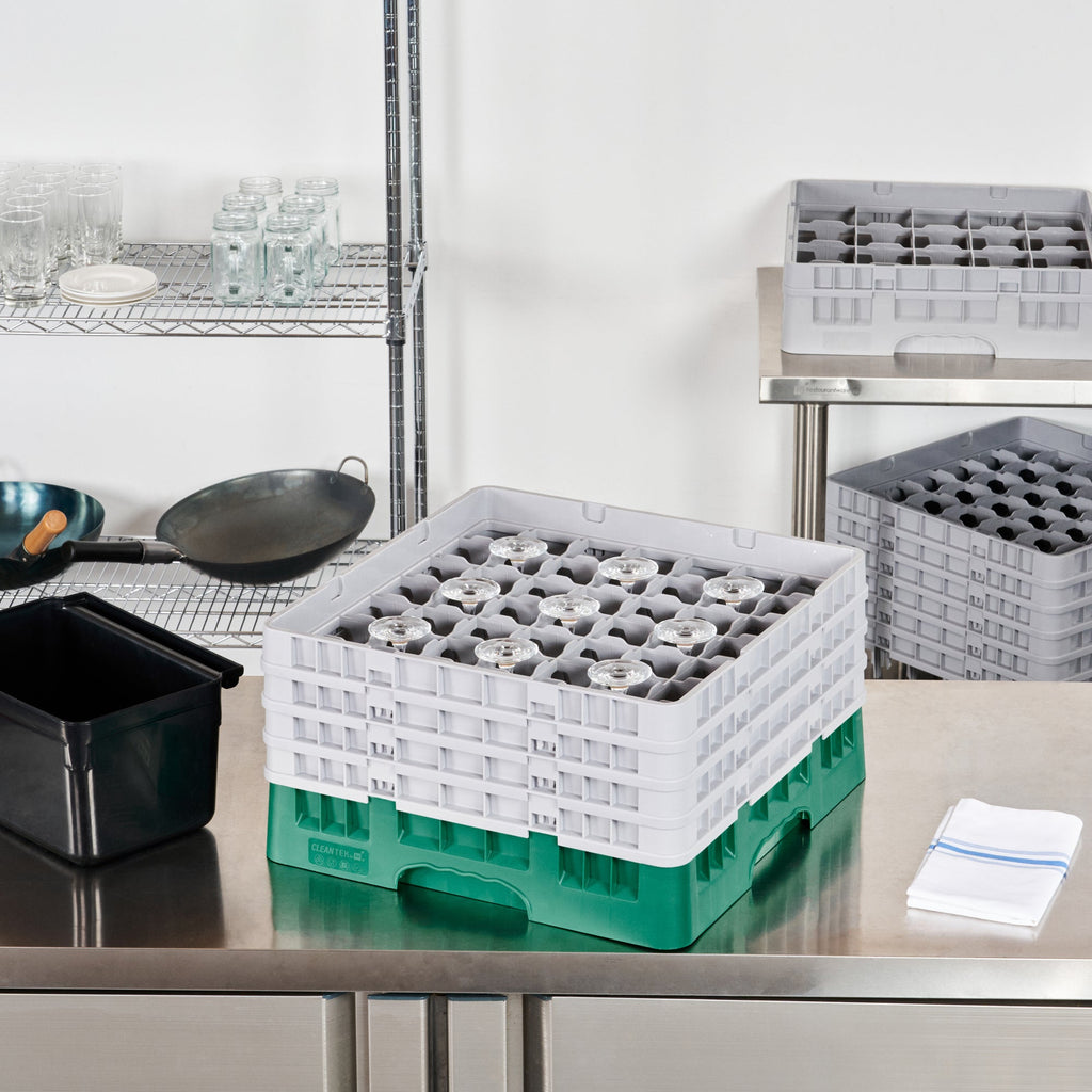 Clean Tek Professional Green Glass Rack - 49 Compartments, 1 Full Drop and 3 Half Drop Extenders - 19 3/4" x 19 3/4" x 10 1/2" - 1 count box