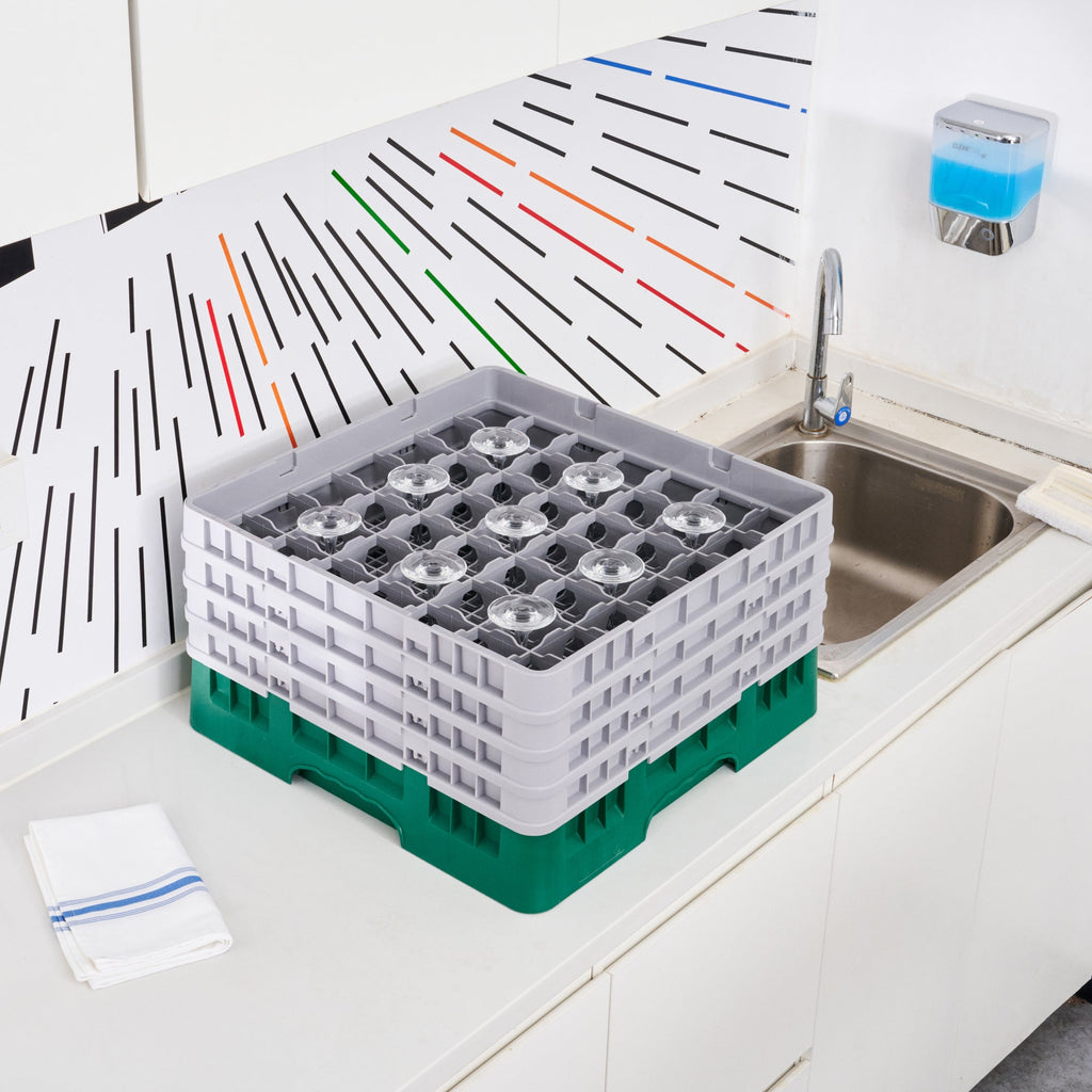 Clean Tek Professional Green Glass Rack - 49 Compartments, 1 Full Drop and 3 Half Drop Extenders - 19 3/4" x 19 3/4" x 10 1/2" - 1 count box