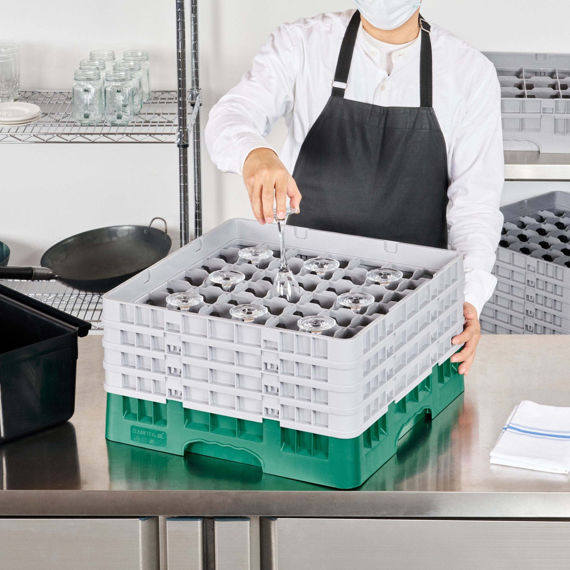 Clean Tek Professional Green Glass Rack - 49 Compartments, 1 Full Drop and 3 Half Drop Extenders - 19 3/4" x 19 3/4" x 10 1/2" - 1 count box