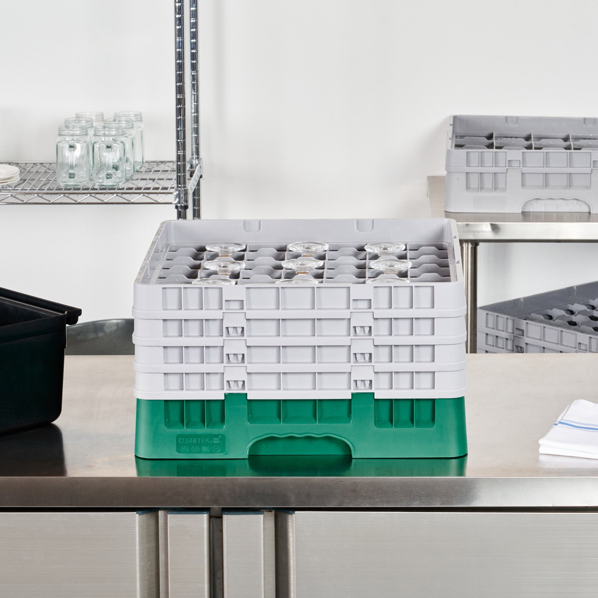 Clean Tek Professional Green Glass Rack - 49 Compartments, 1 Full Drop and 3 Half Drop Extenders - 19 3/4" x 19 3/4" x 10 1/2" - 1 count box