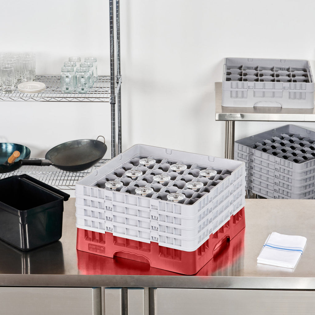 Clean Tek Professional Red Glass Rack - 49 Compartments, 1 Full Drop and 3 Half Drop Extenders - 19 3/4" x 19 3/4" x 10 1/2" - 1 count box