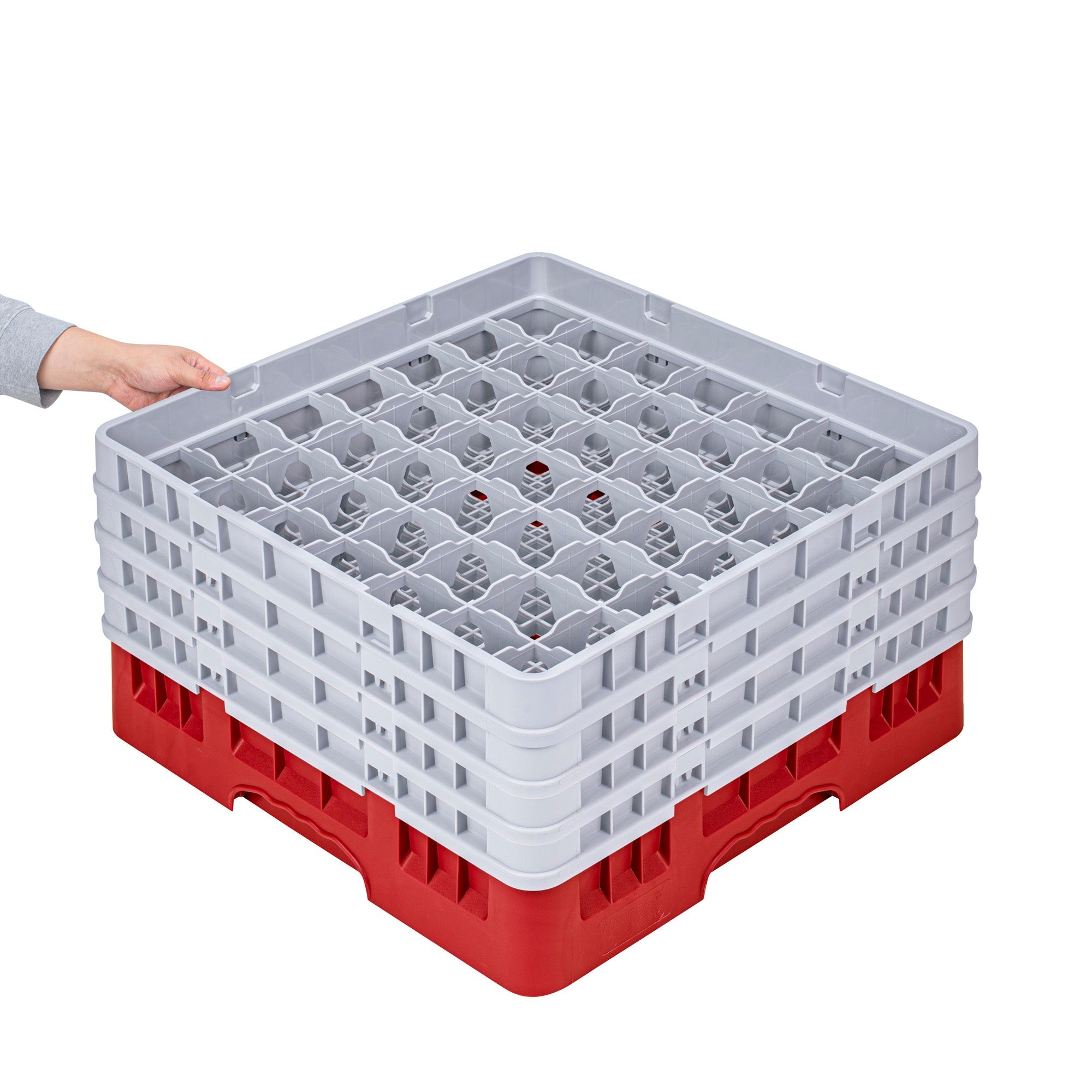 Clean Tek Professional Red Glass Rack - 49 Compartments, 1 Full Drop and 3 Half Drop Extenders - 19 3/4" x 19 3/4" x 10 1/2" - 1 count box