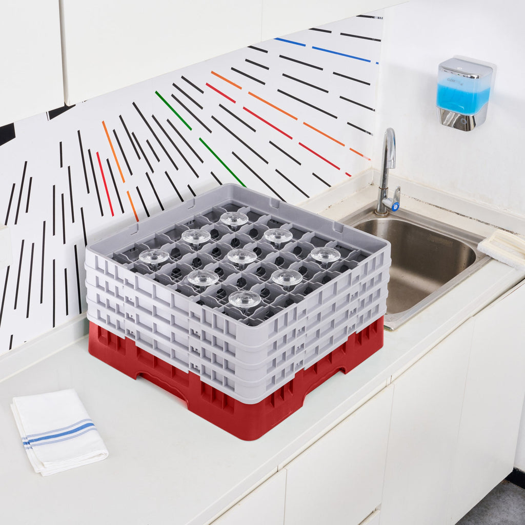 Clean Tek Professional Red Glass Rack - 49 Compartments, 1 Full Drop and 3 Half Drop Extenders - 19 3/4" x 19 3/4" x 10 1/2" - 1 count box