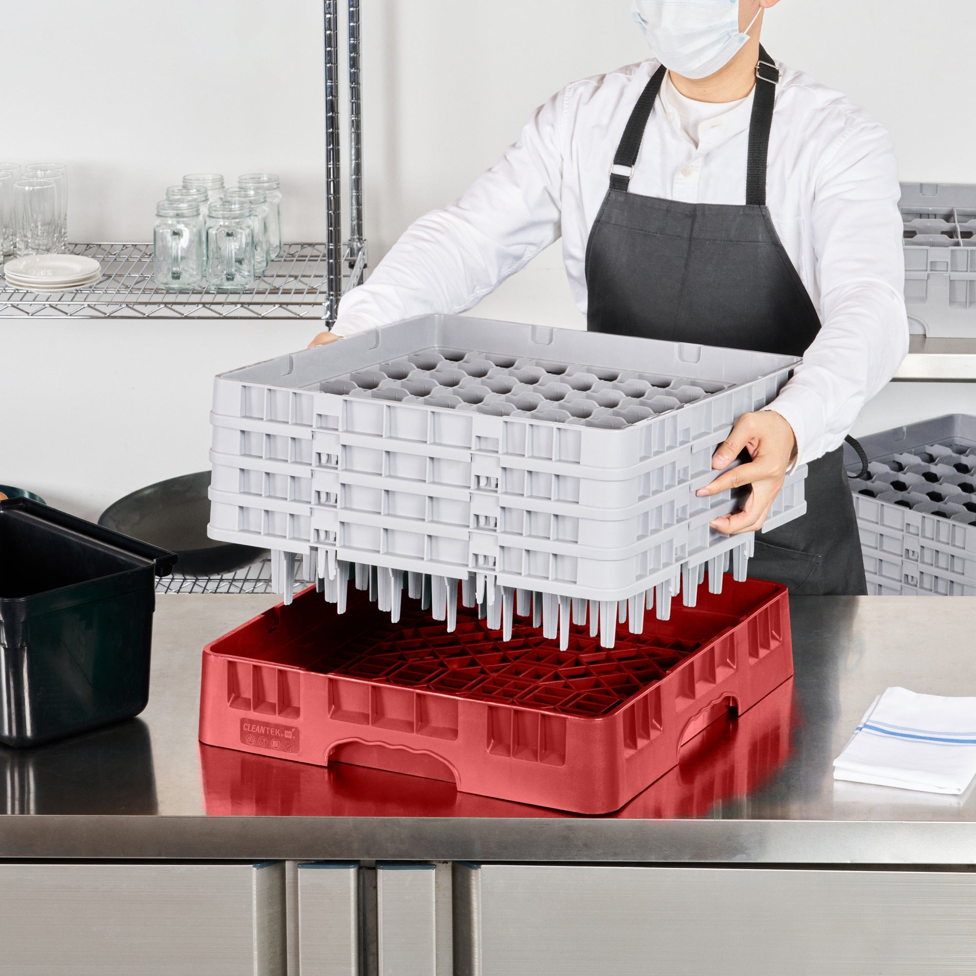 Clean Tek Professional Red Glass Rack - 49 Compartments, 1 Full Drop and 3 Half Drop Extenders - 19 3/4" x 19 3/4" x 10 1/2" - 1 count box