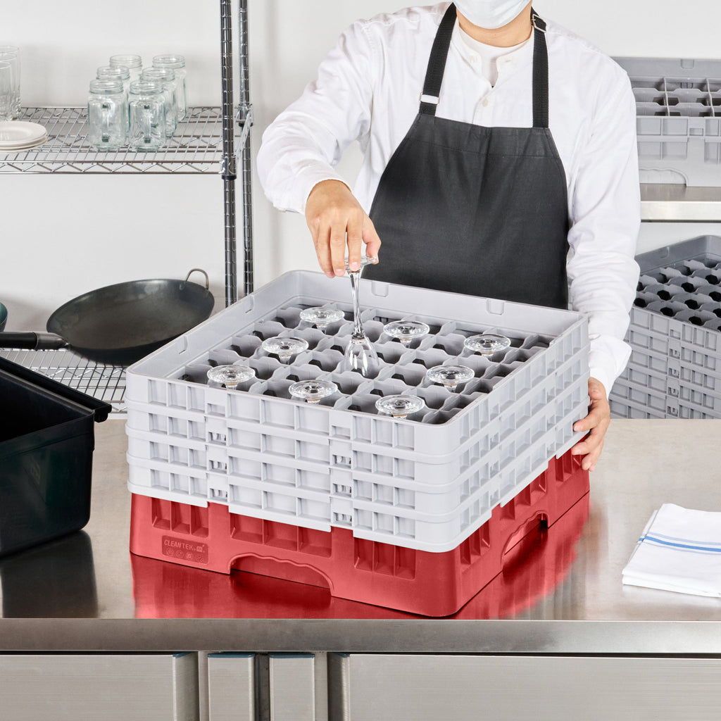 Clean Tek Professional Red Glass Rack - 49 Compartments, 1 Full Drop and 3 Half Drop Extenders - 19 3/4" x 19 3/4" x 10 1/2" - 1 count box
