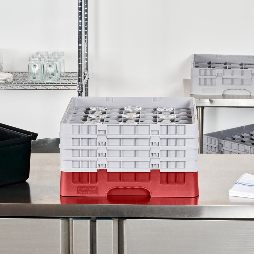 Clean Tek Professional Red Glass Rack - 49 Compartments, 1 Full Drop and 3 Half Drop Extenders - 19 3/4" x 19 3/4" x 10 1/2" - 1 count box