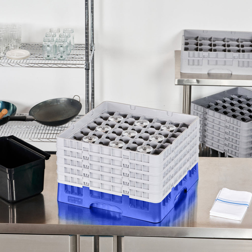 Clean Tek Professional Blue Glass Rack - 49 Compartments, 1 Full Drop and 4 Half Drop Extenders - 19 3/4" x 19 3/4" x 12 1/4" - 1 count box