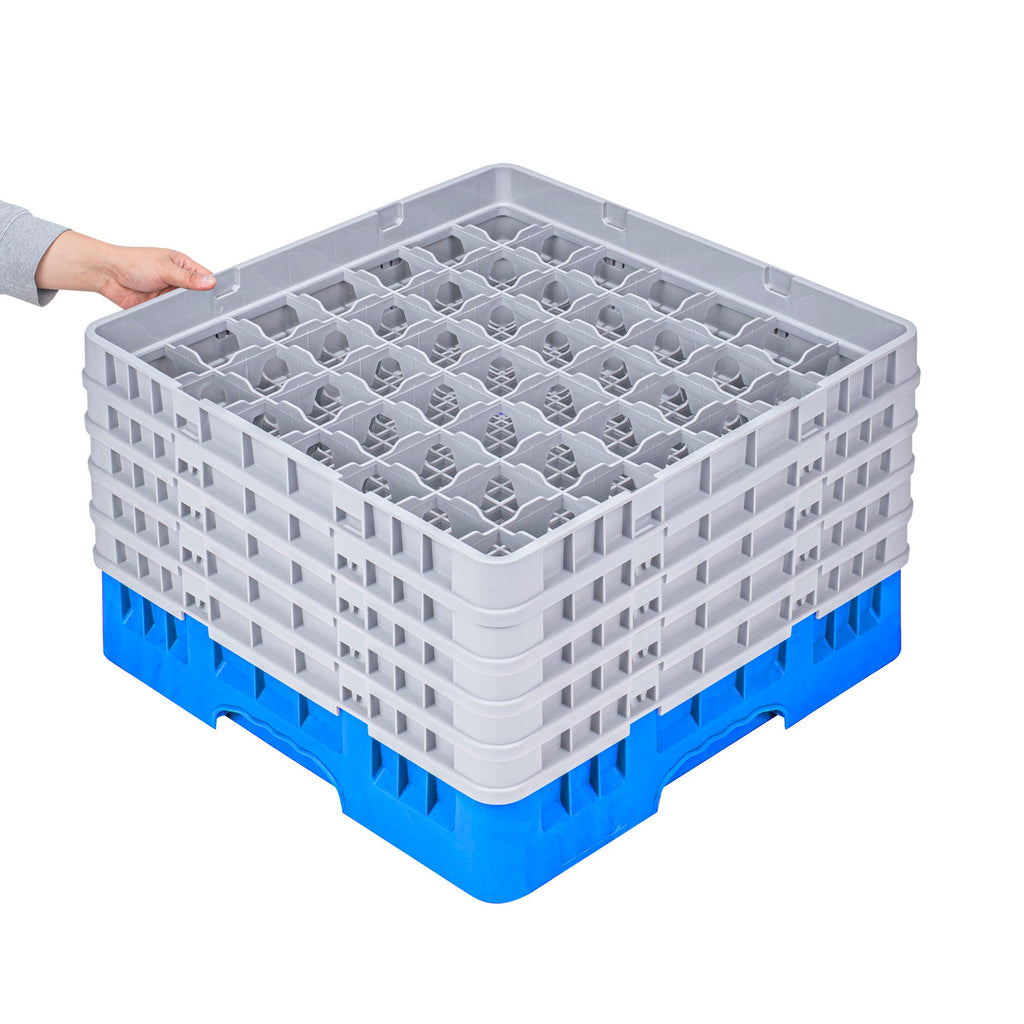 Clean Tek Professional Blue Glass Rack - 49 Compartments, 1 Full Drop and 4 Half Drop Extenders - 19 3/4" x 19 3/4" x 12 1/4" - 1 count box
